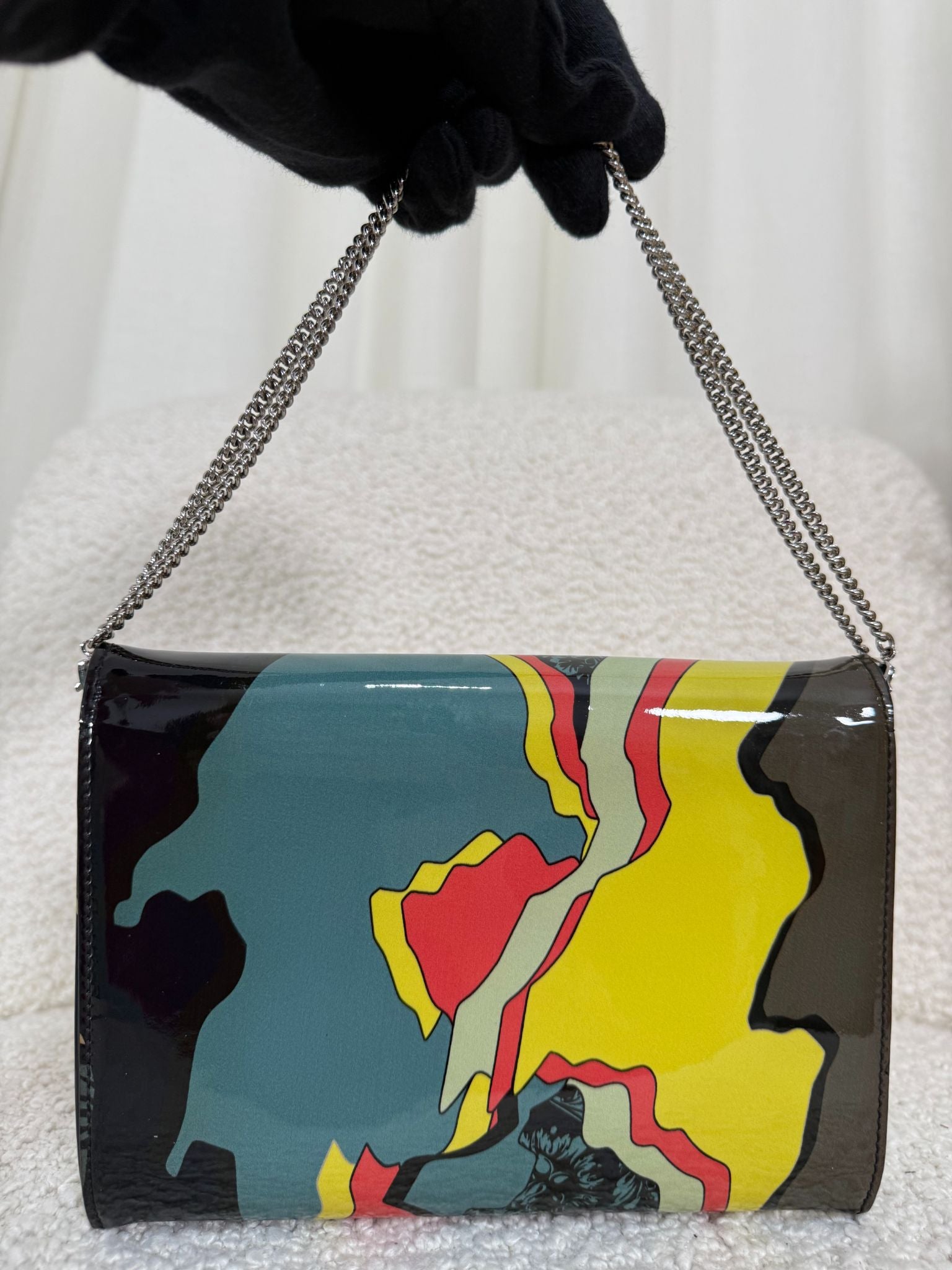 Versace Multicolored Abstract Print Patent Leather Wallet on Chain