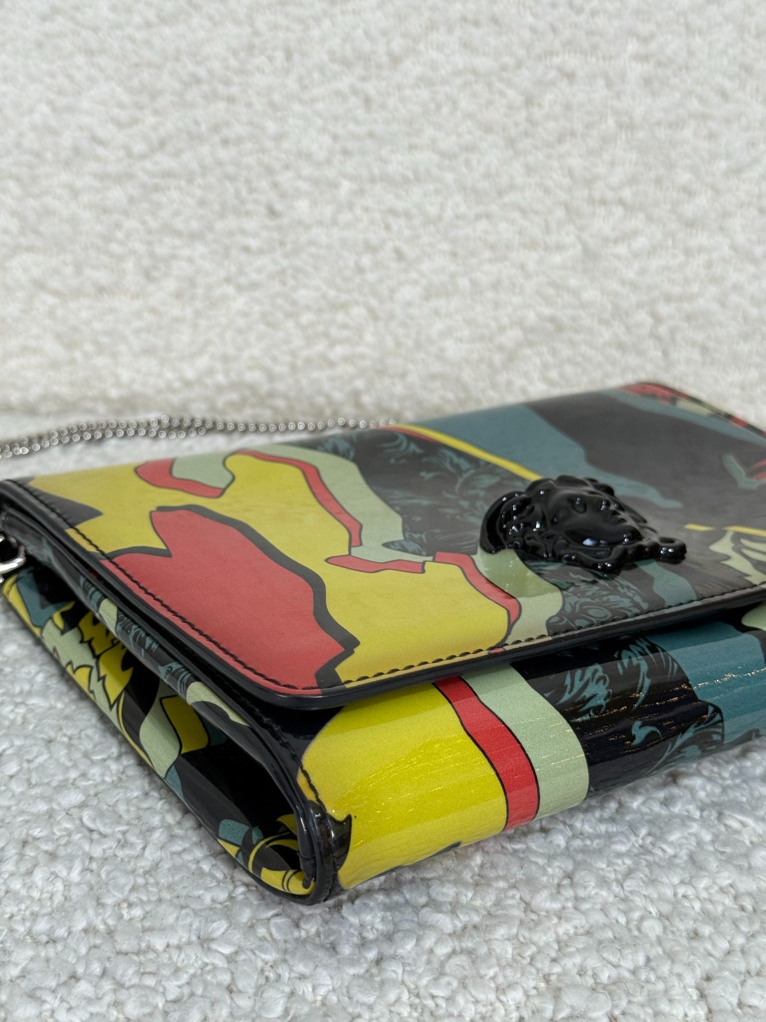 Versace Multicolored Abstract Print Patent Leather Wallet on Chain