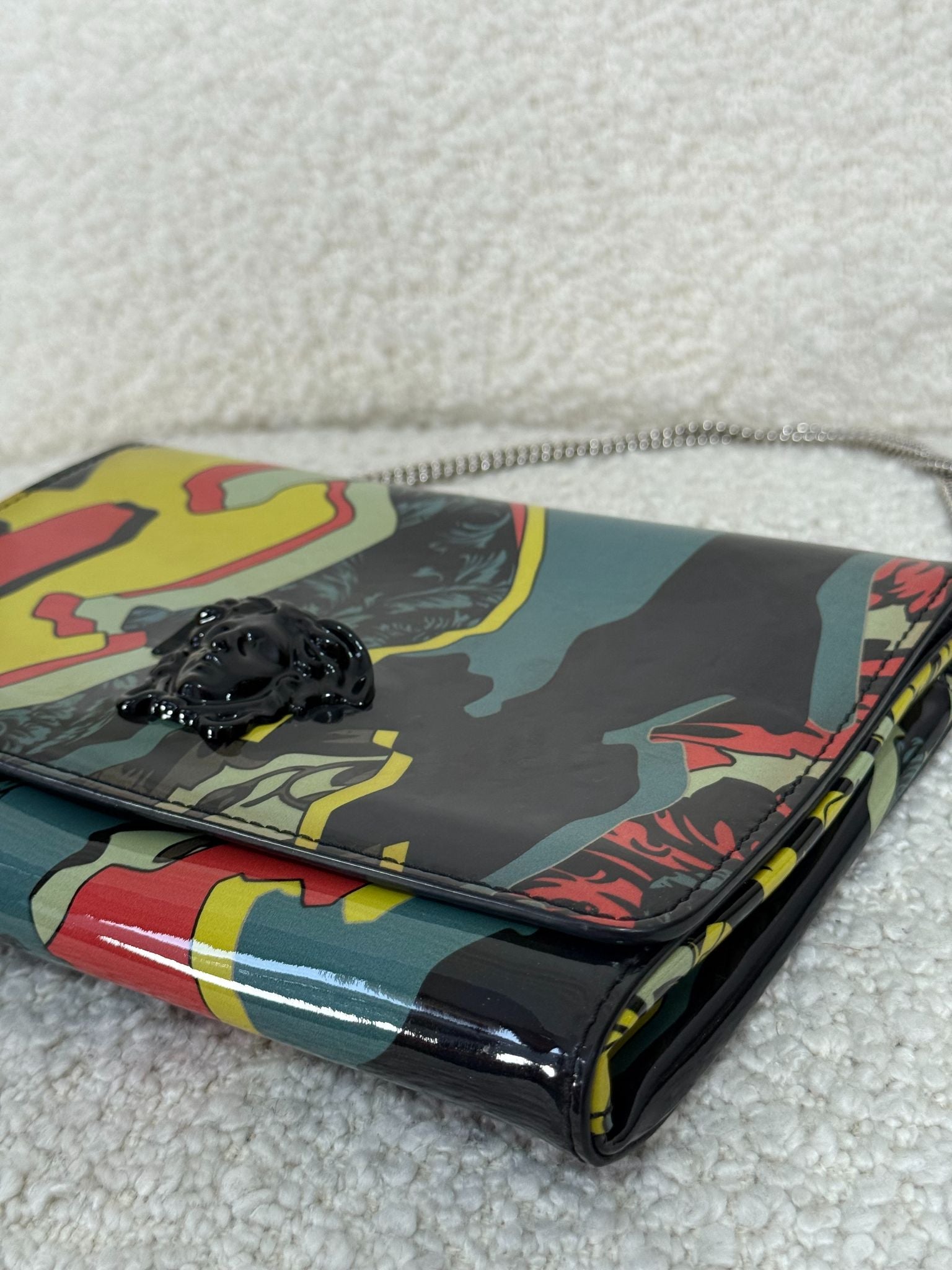Versace Multicolored Abstract Print Patent Leather Wallet on Chain