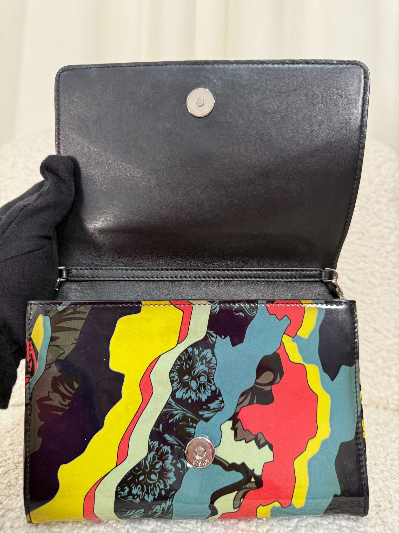 Versace Multicolored Abstract Print Patent Leather Wallet on Chain