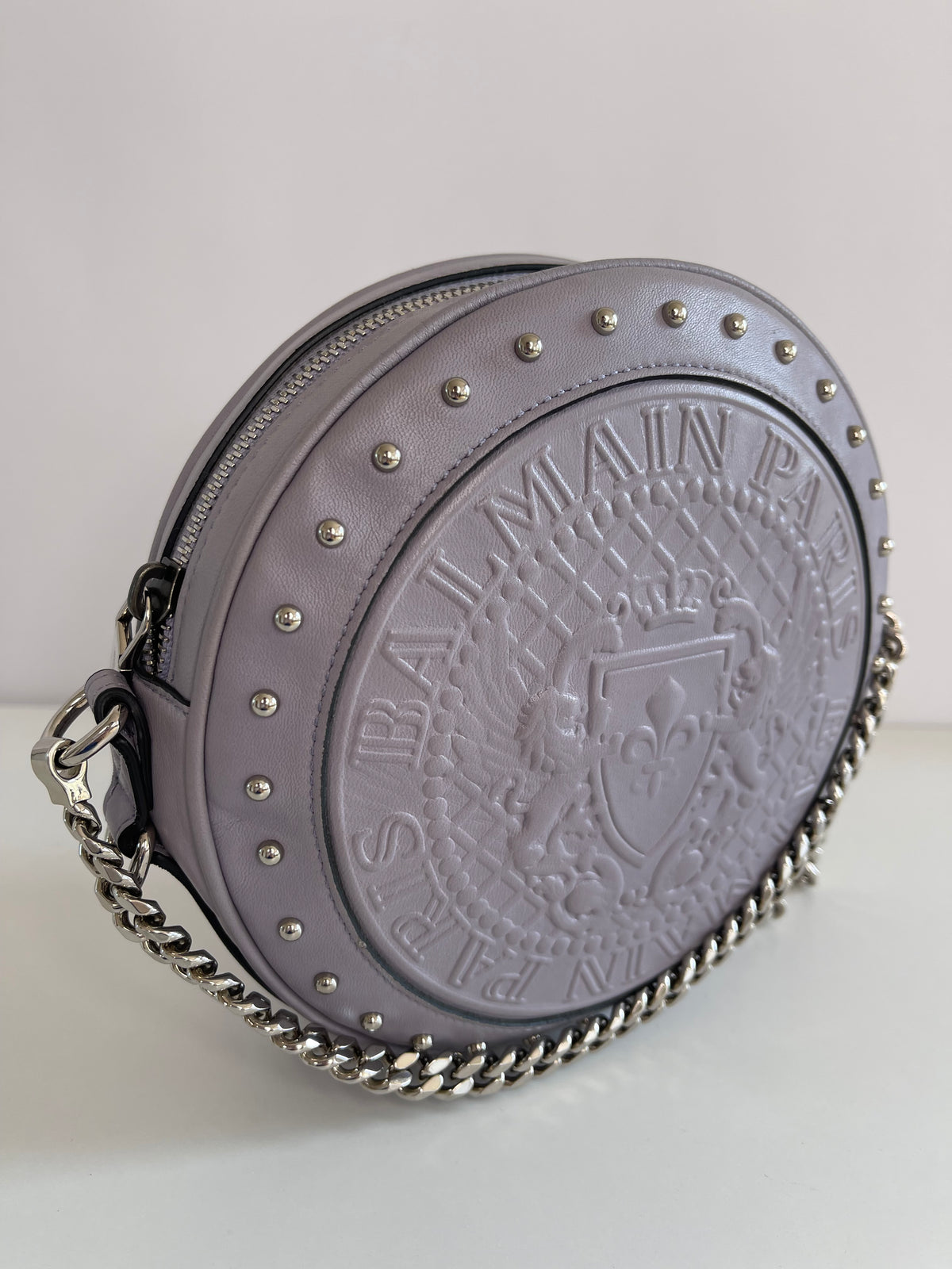 Balmain Disco Logo Embossed Grey Crossbody Bag
