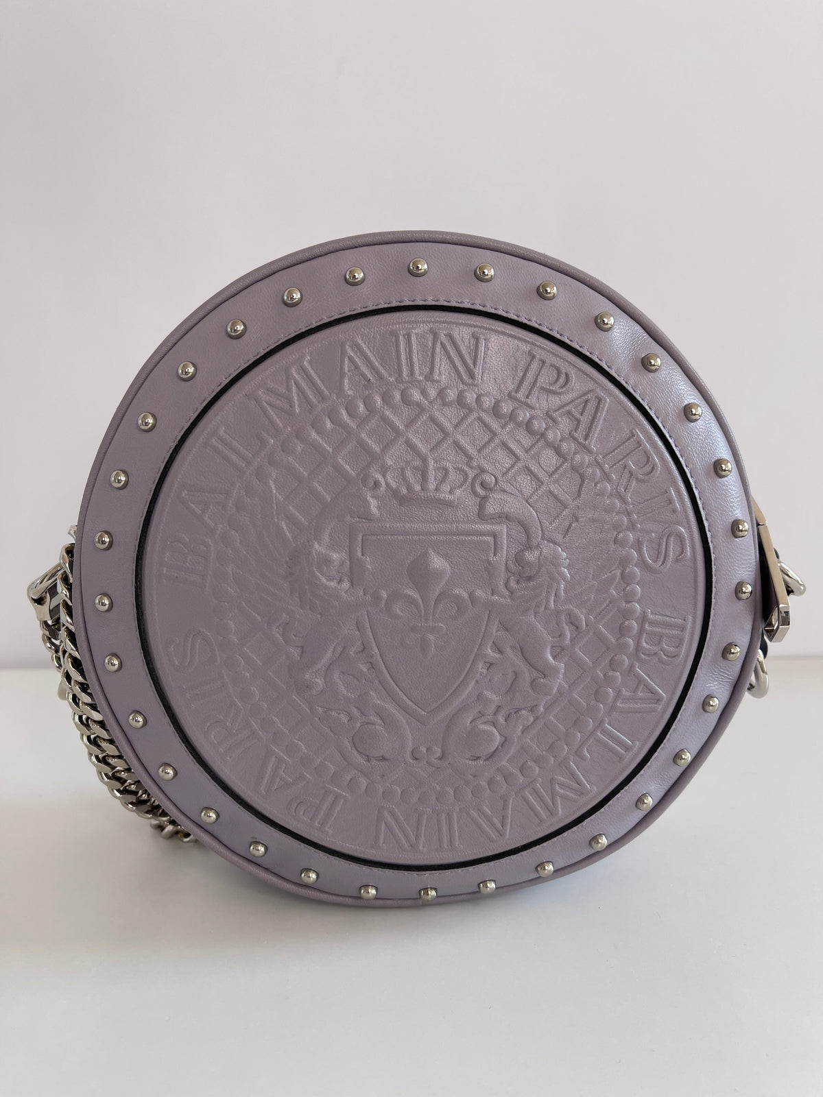 Balmain Disco Logo Embossed Grey Crossbody Bag