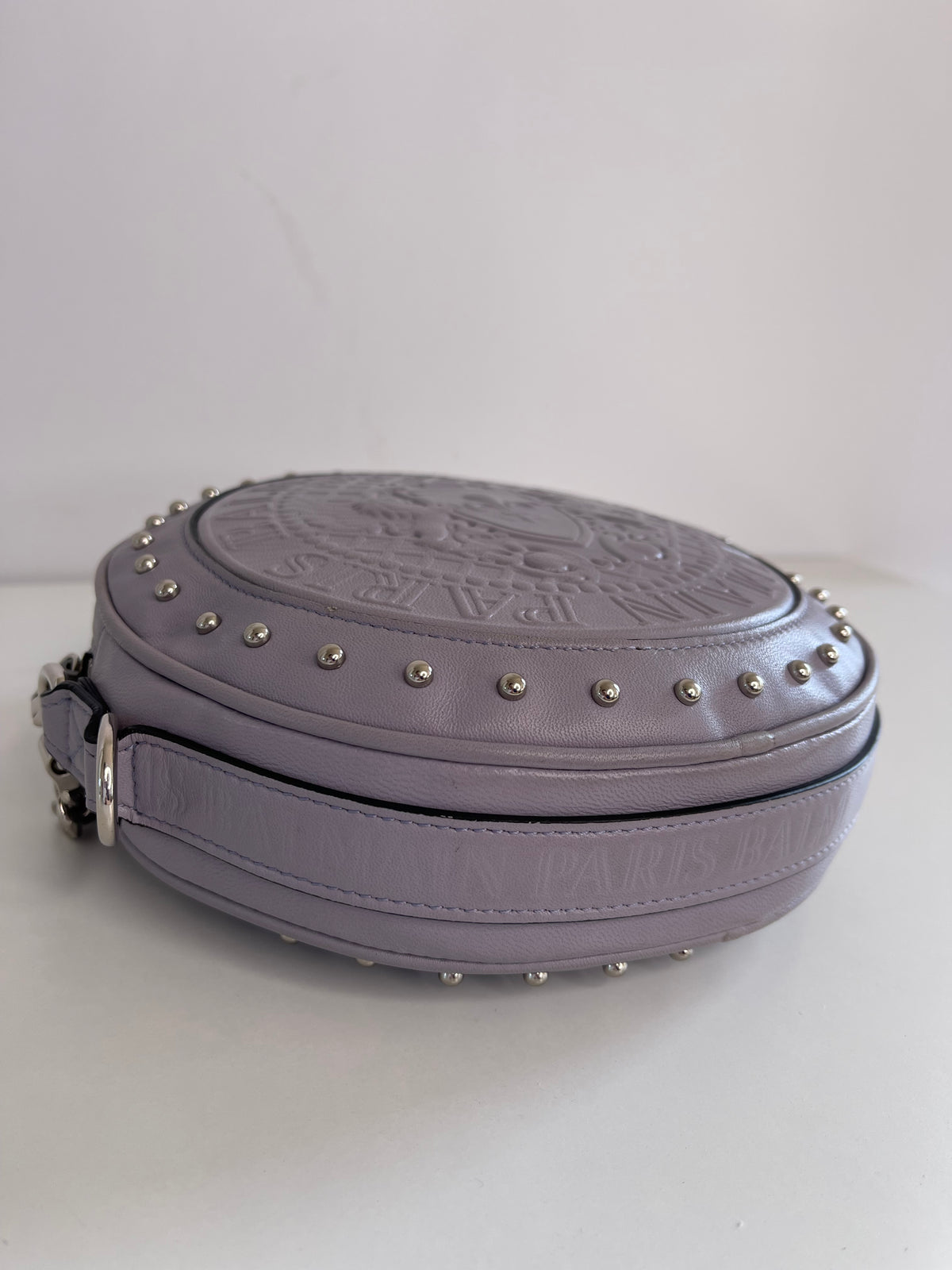 Balmain Disco Logo Embossed Grey Crossbody Bag