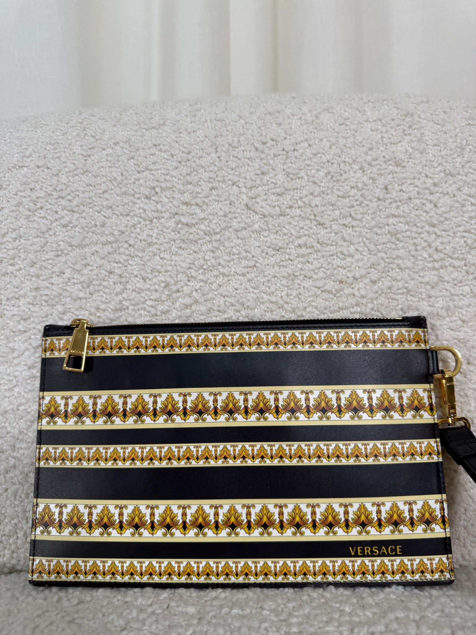 Versace La Medusa Leather Pouch in Gold Baroque Print