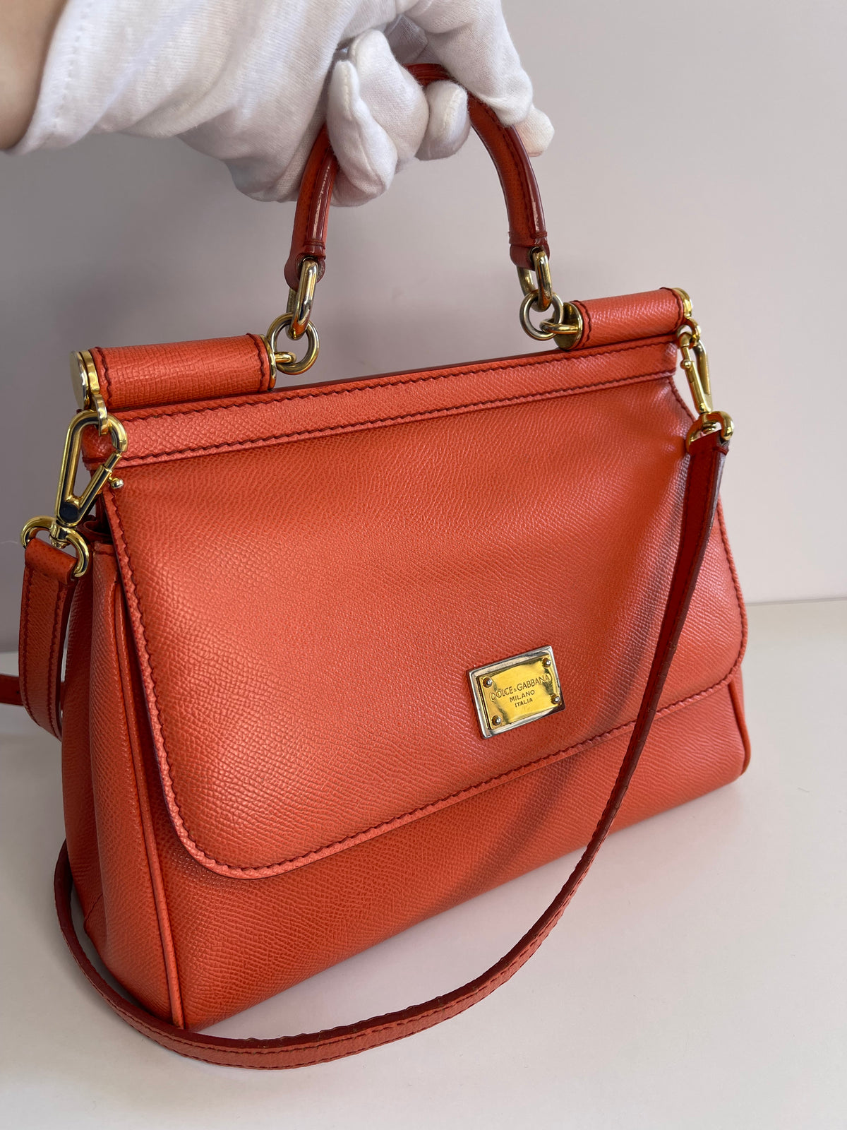 Dolce Gabbana Medium Miss Sicily Orange Leather Top Handle Bag