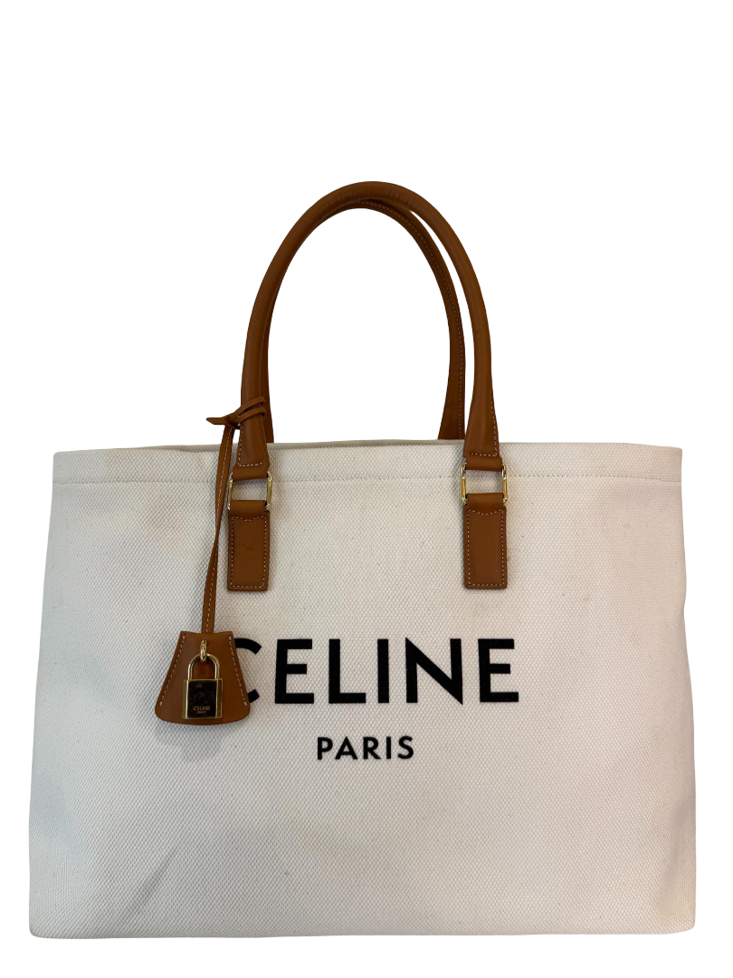 Celine Horizontal Cabas Canvas Tan Leather Trim Tote Bag