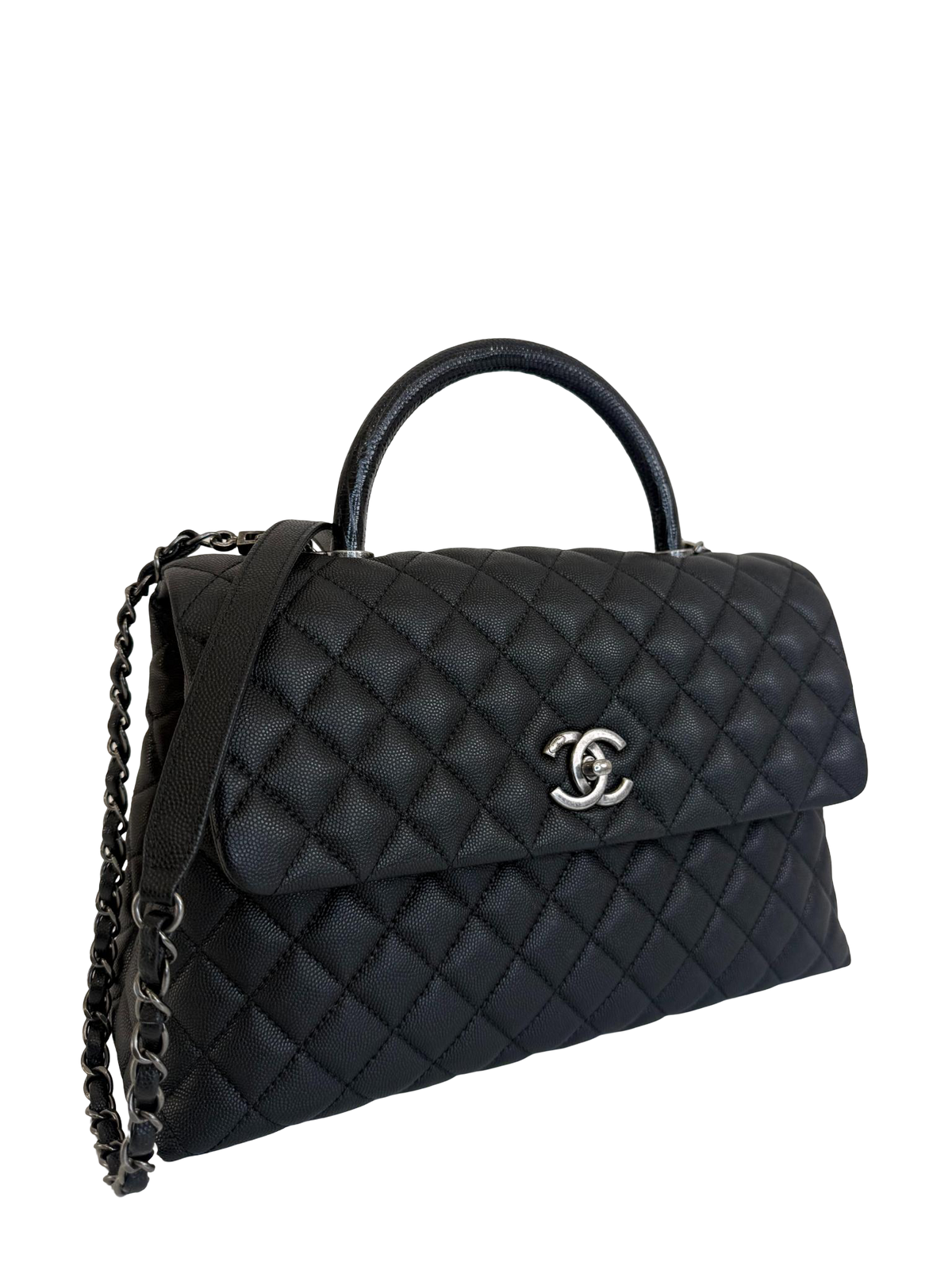 Chane Large Coco Handle Black Quilted Caviar Leather