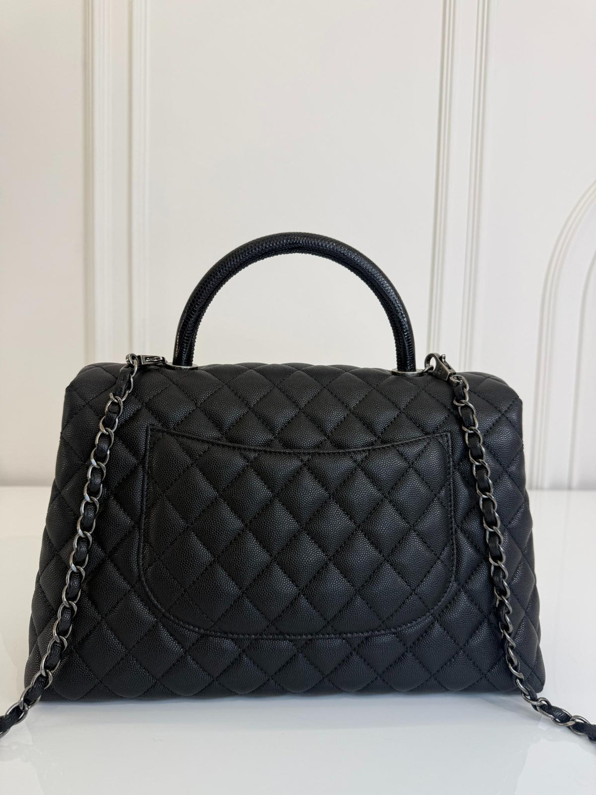 Chane Large Coco Handle Black Quilted Caviar Leather