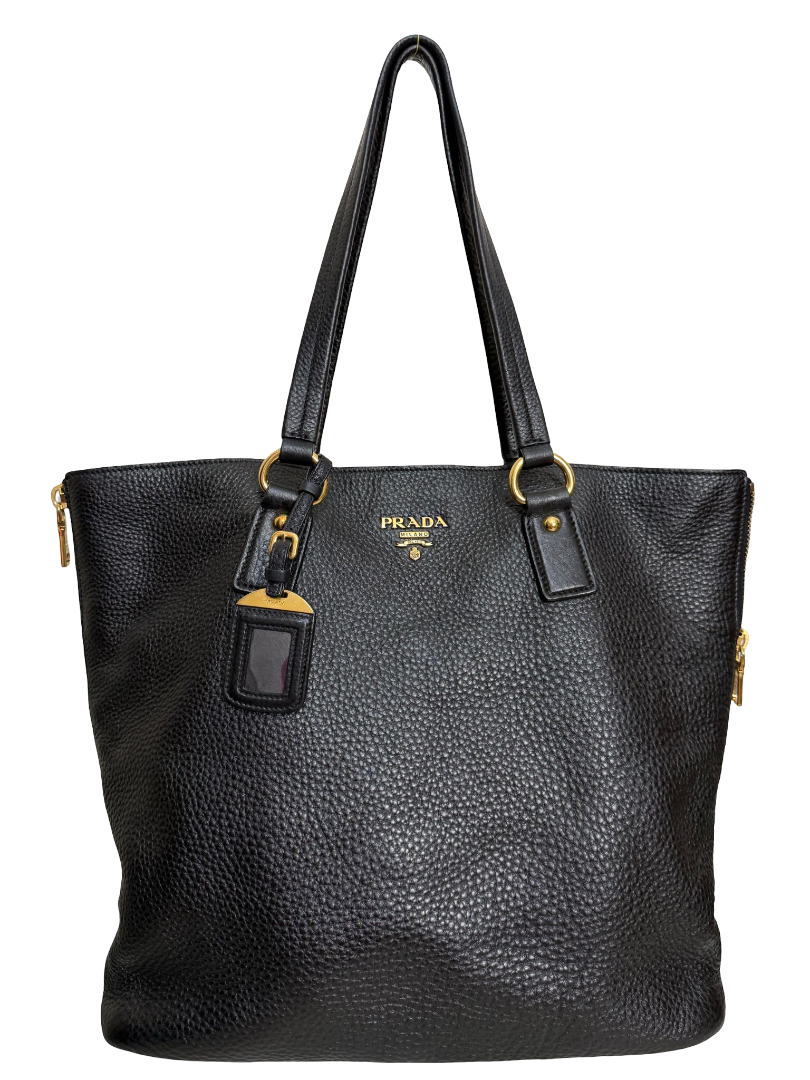 Prada Vitello Daino Leather Side Zip Tote Bag Black