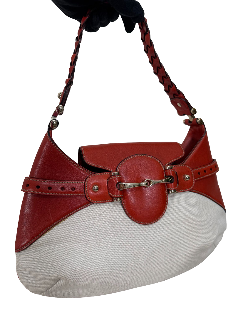 Gucci Horsebit Pelham Off White Canvas/Leather Shoulder Bag