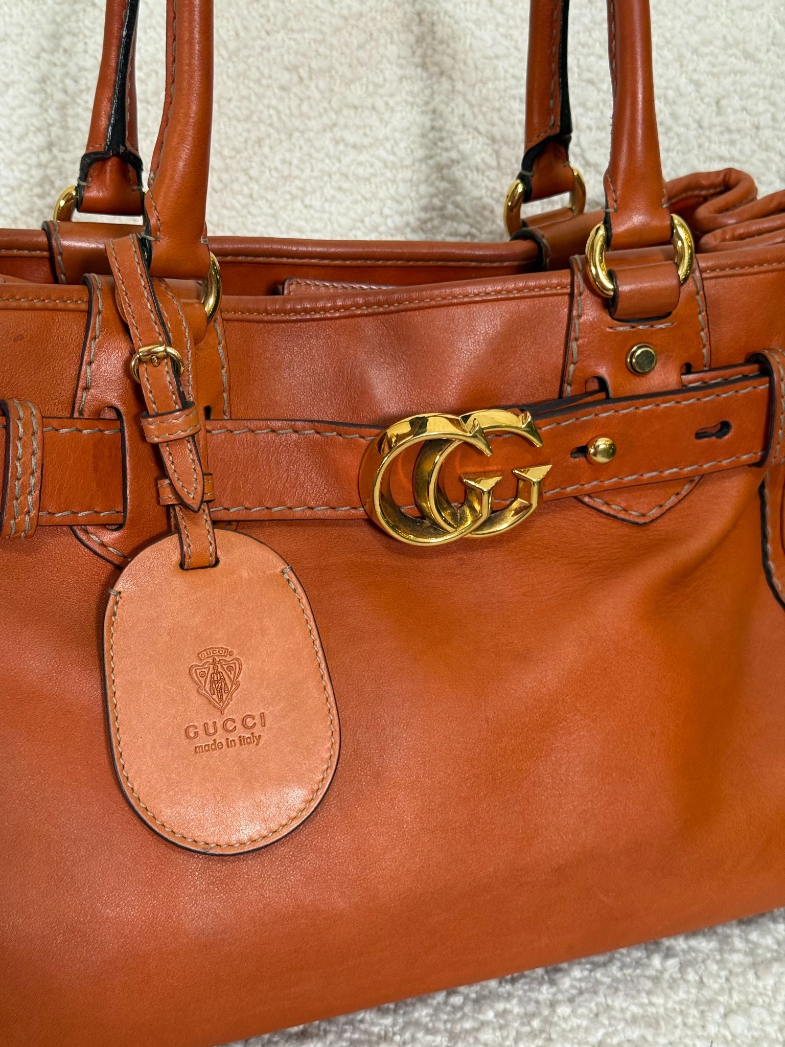 Gucci GG Running Orange Leather Medium Tote Bag