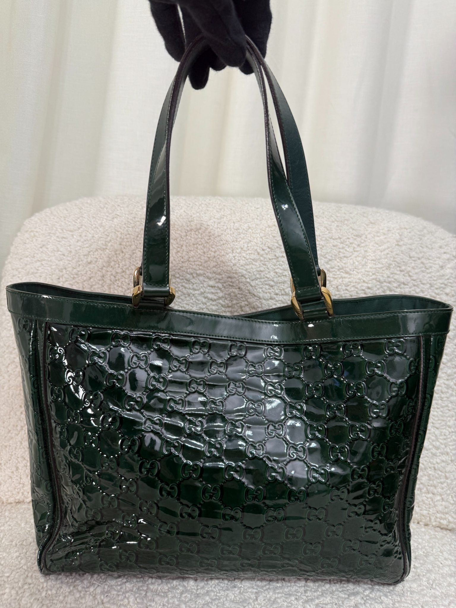 Gucci Dark Green GG Embossed Patent Leather Abbey Pocket Tote Bag
