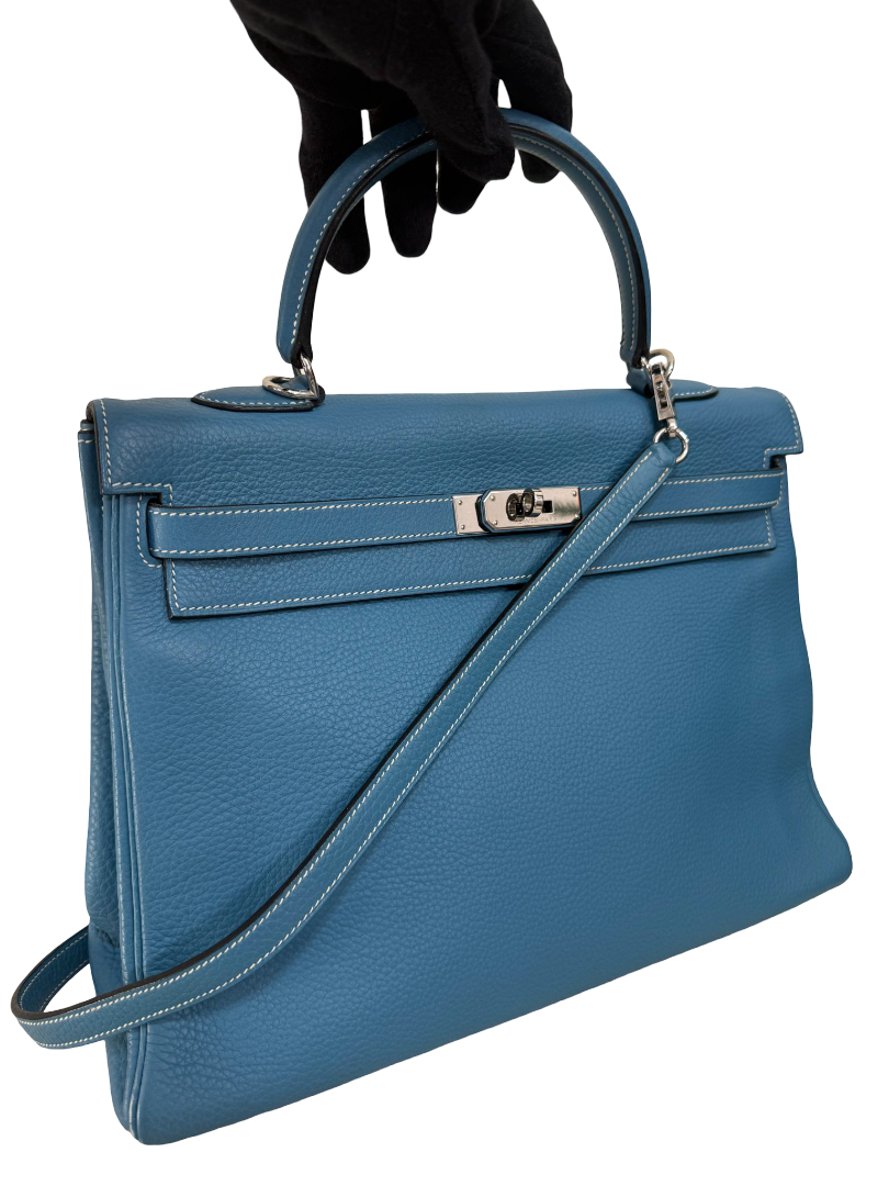 Hermès Kelly 35 Clemence Blue Jean Palladium Hardware