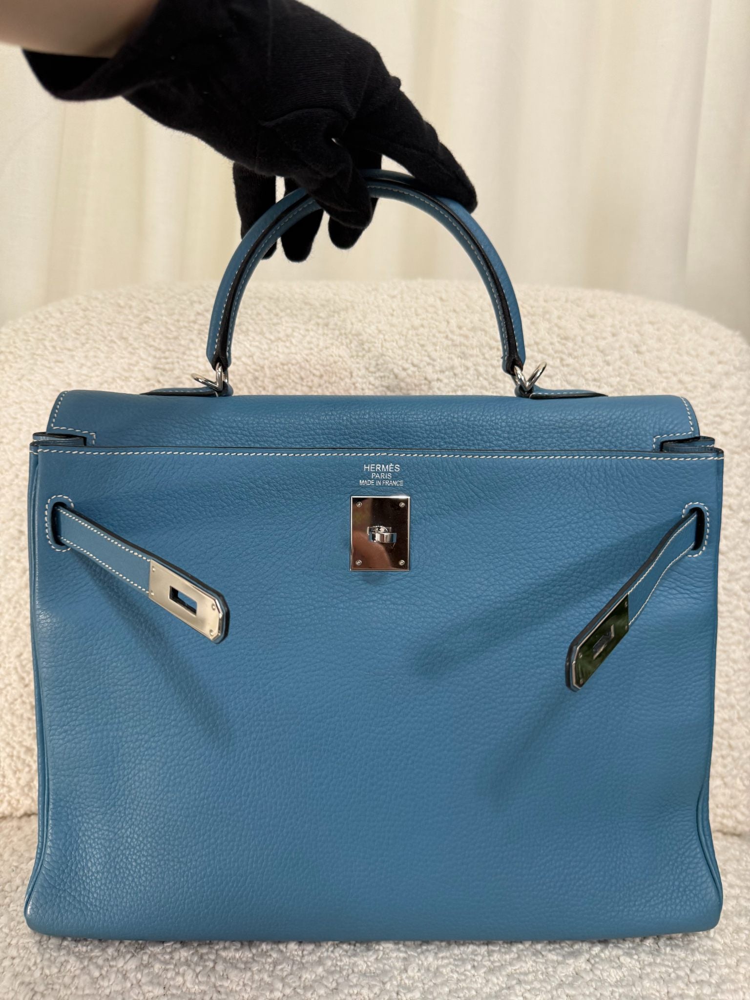 Hermès Kelly 35 Clemence Blue Jean Palladium Hardware