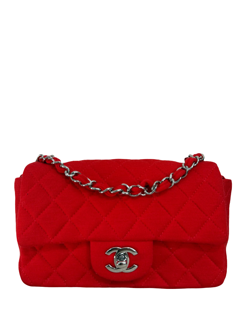 Chanel Mini Classic Single Flap Red Fabric Silver Hardware