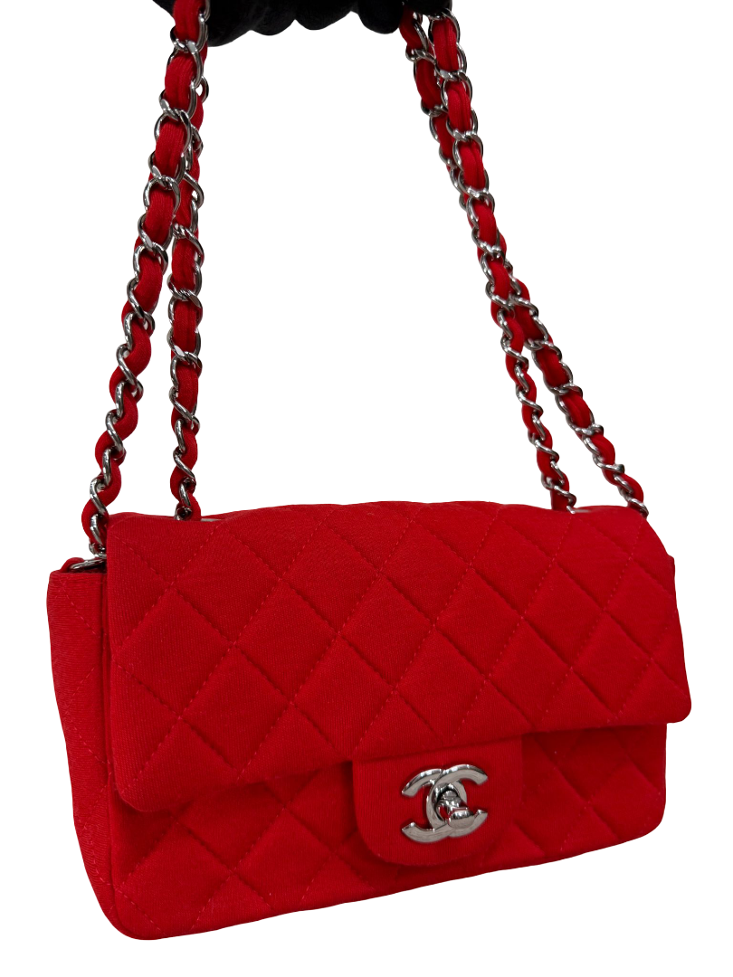 Chanel Mini Classic Single Flap Red Fabric Silver Hardware