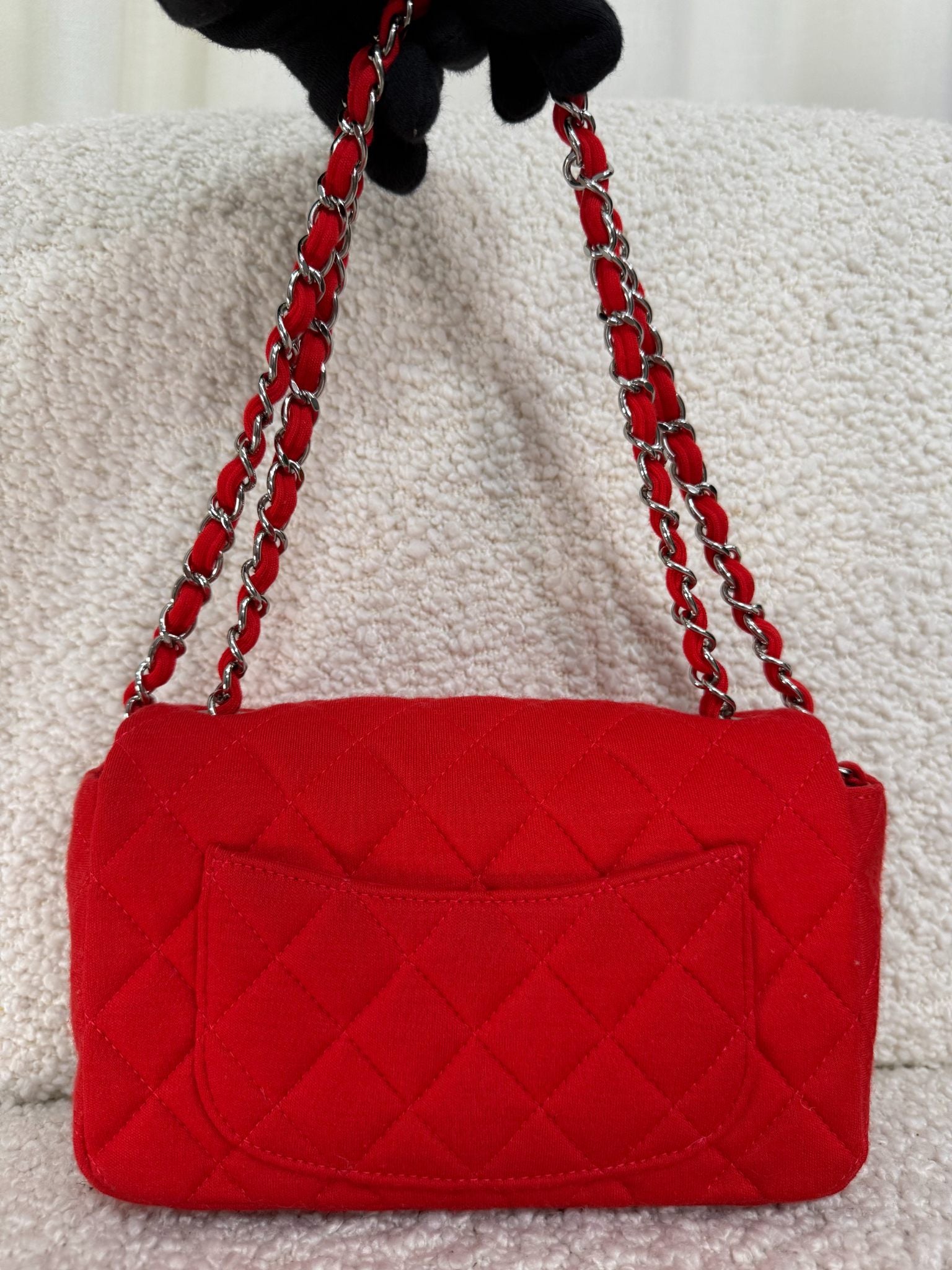 Chanel Mini Classic Single Flap Red Fabric Silver Hardware