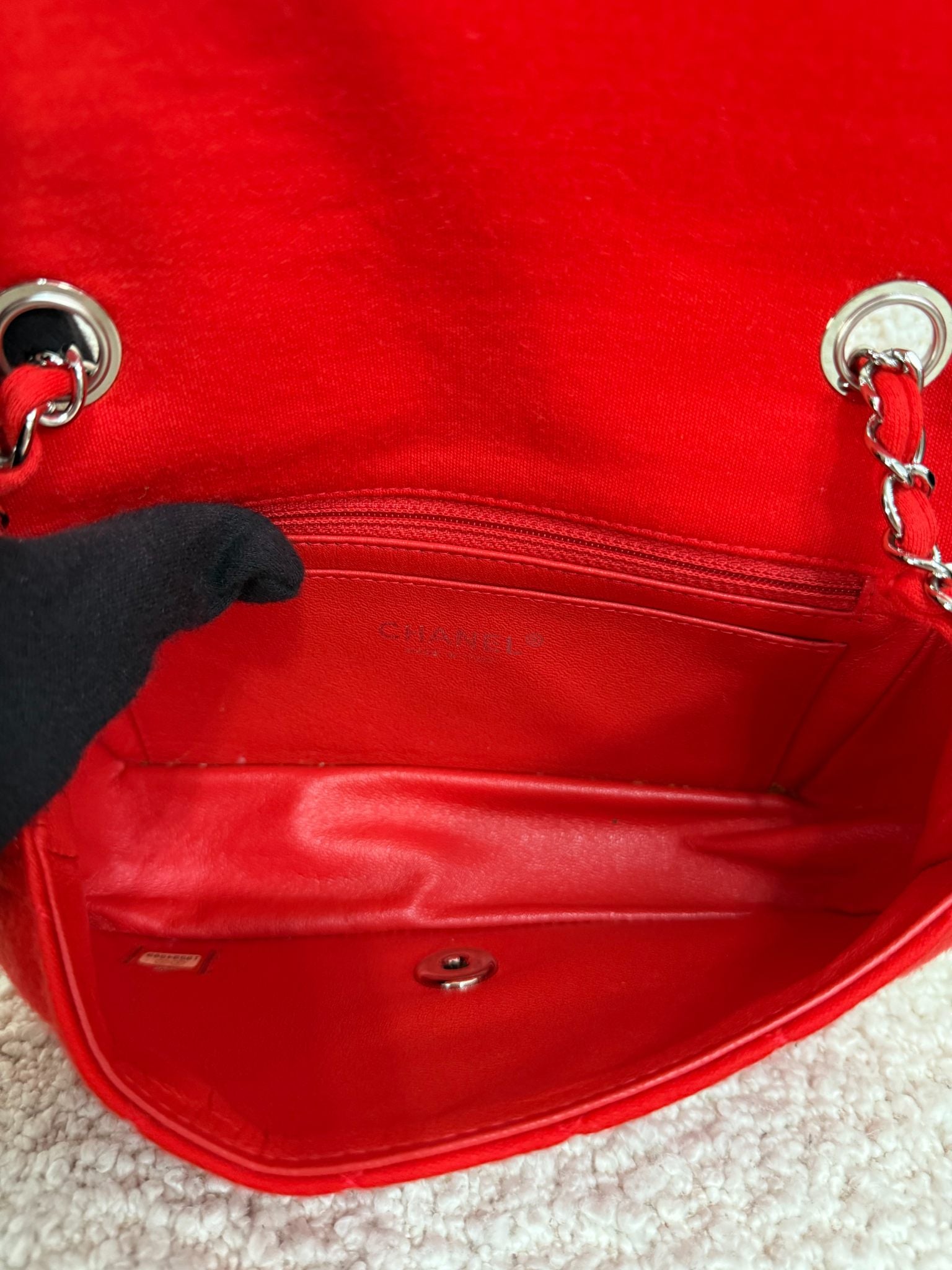 Chanel Mini Classic Single Flap Red Fabric Silver Hardware