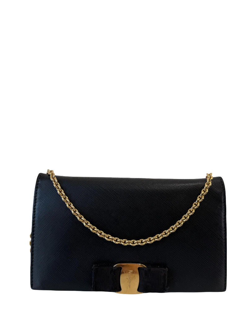 Salvatore Ferragamo Miss Vara Black Leather Wallet on Chain