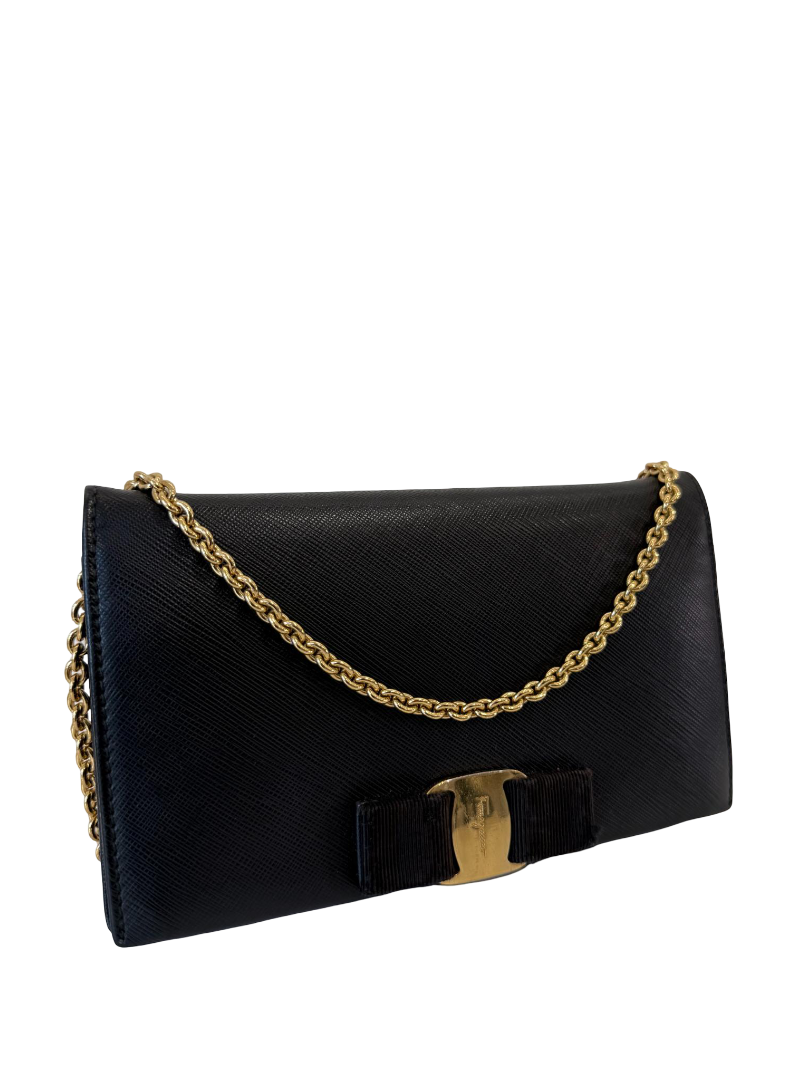 Salvatore Ferragamo Miss Vara Black Leather Wallet on Chain