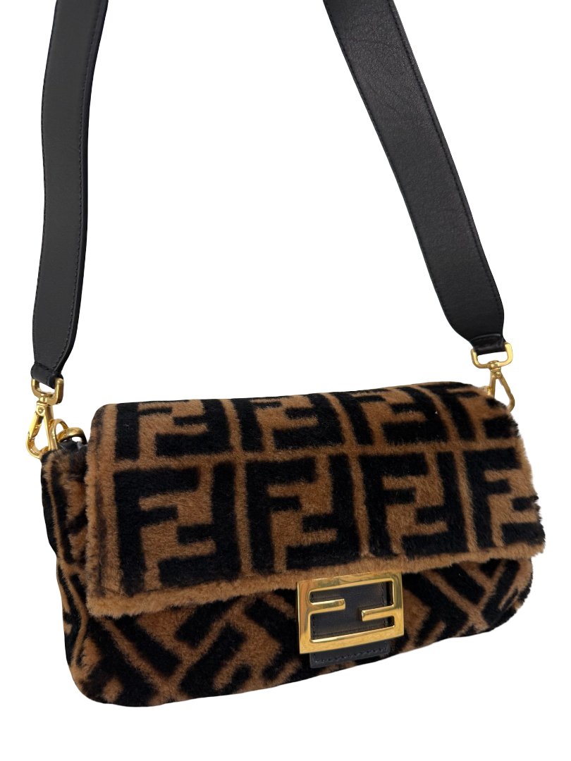 Fendi Black/Brown FF Zucca Shearling Baguette Bag