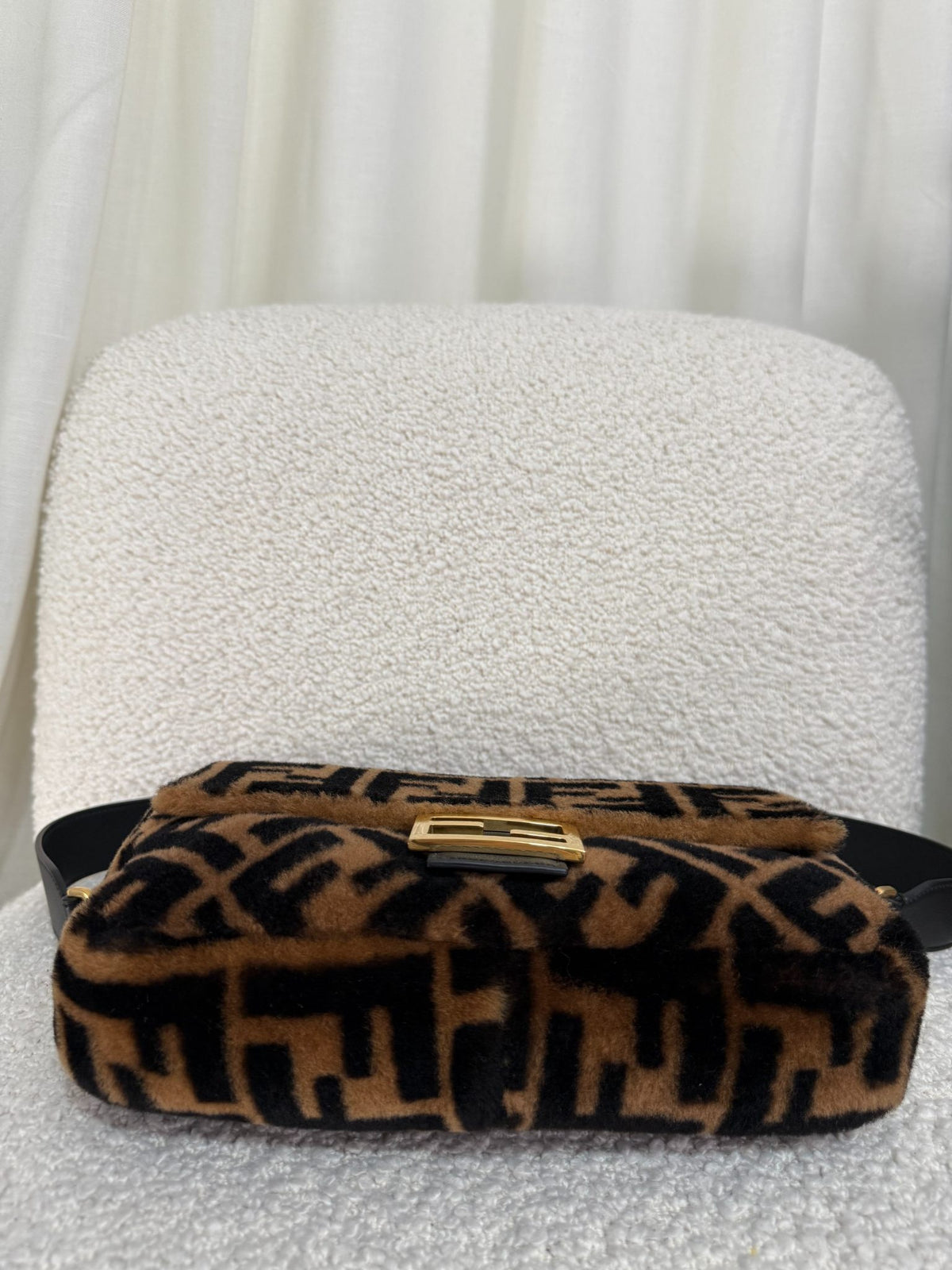 Fendi Black/Brown FF Zucca Shearling Baguette Bag