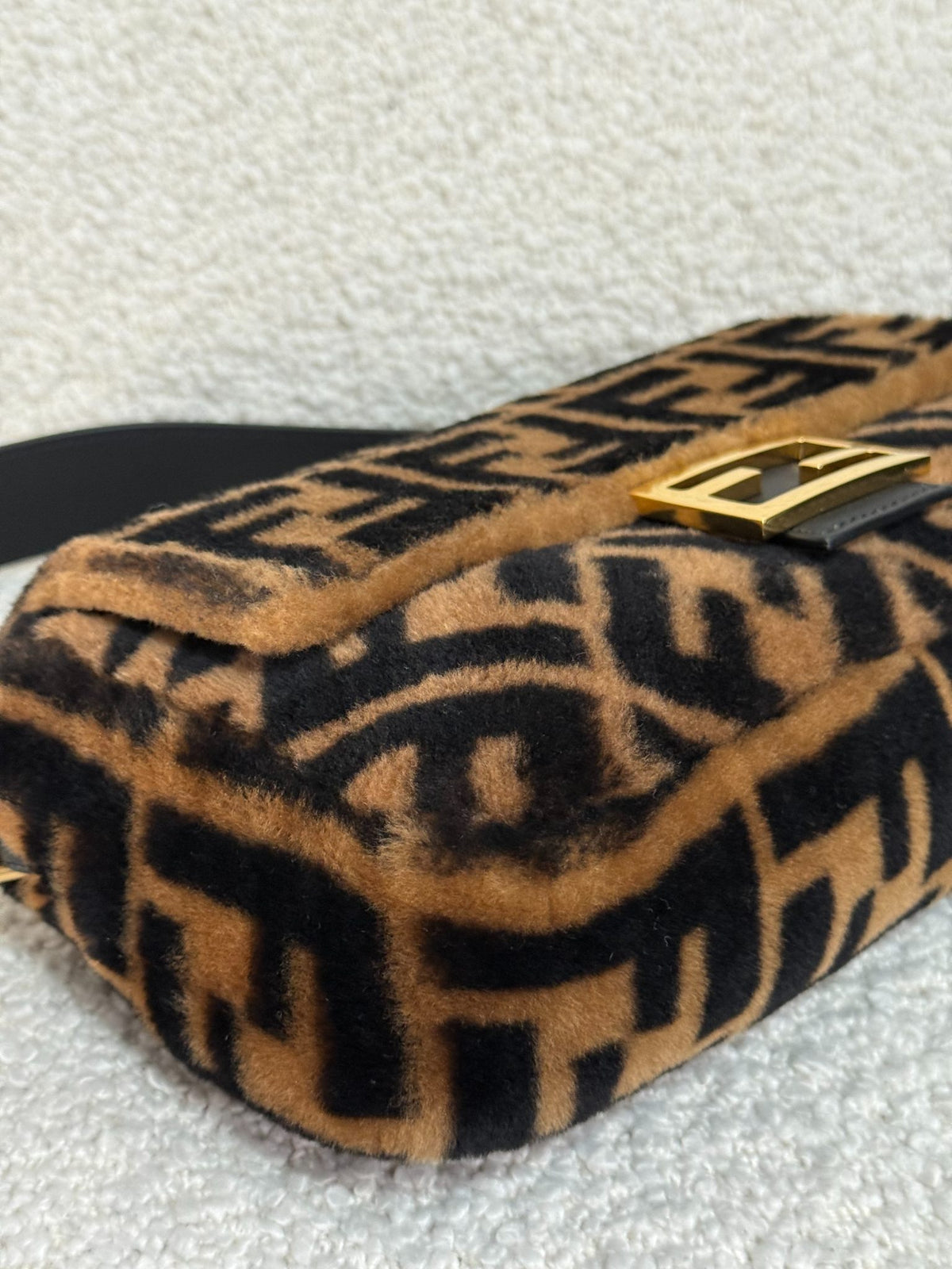 Fendi Black/Brown FF Zucca Shearling Baguette Bag