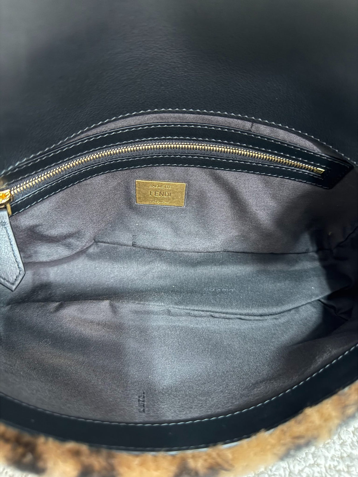 Fendi Black/Brown FF Zucca Shearling Baguette Bag