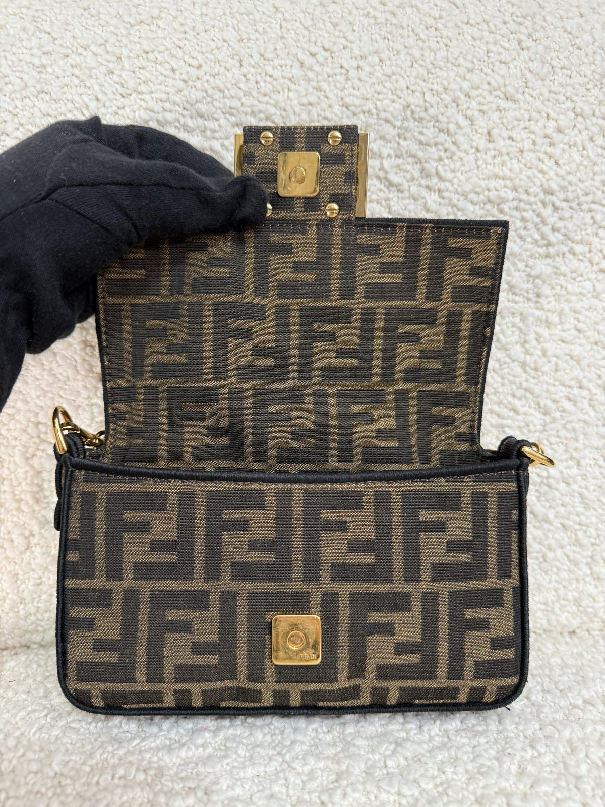 Fendi Mini Baguette Brown FF Jacquard Fabric Bag