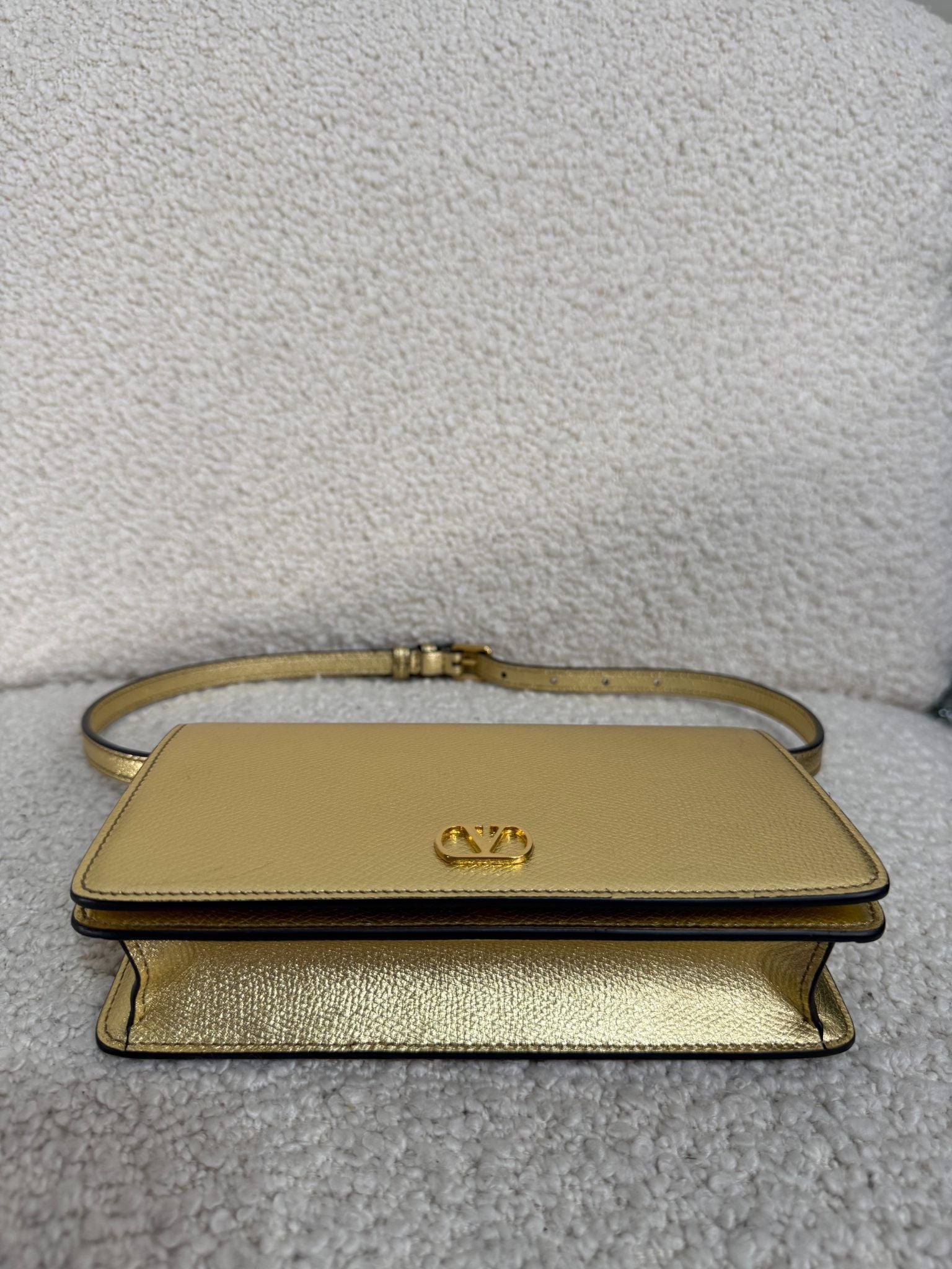 Valentino Garavani Mini Gold Metallic Leather VLogo Shoulder Bag