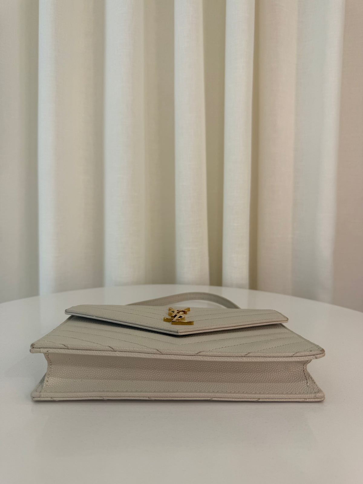 Saint Laurent Cassandre Envelope Ivory Grain De Poudre Wallet on Chain