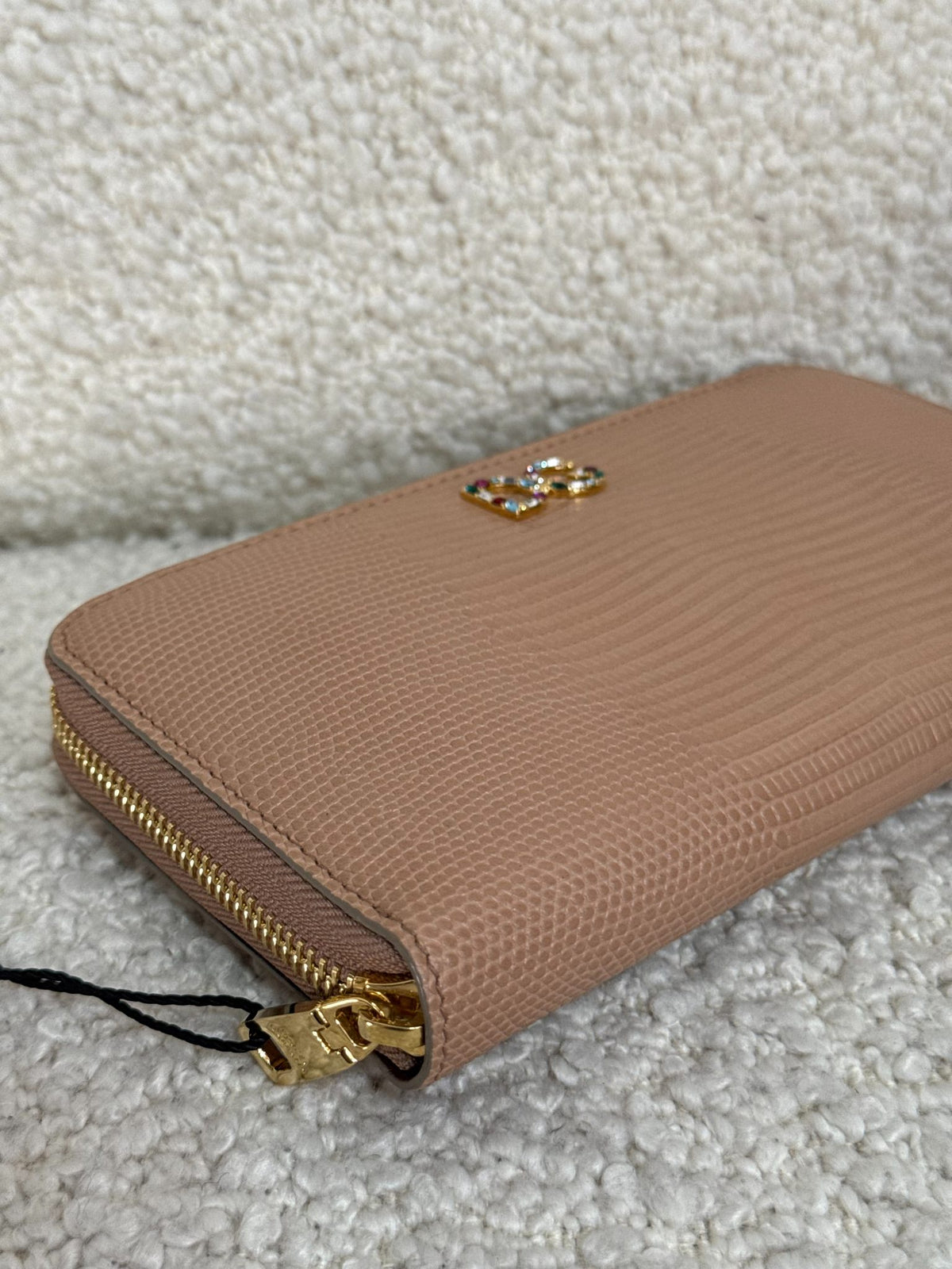 Dolce Gabbana Beige Lizard Embossed DG Crystal Zip Around Wallet