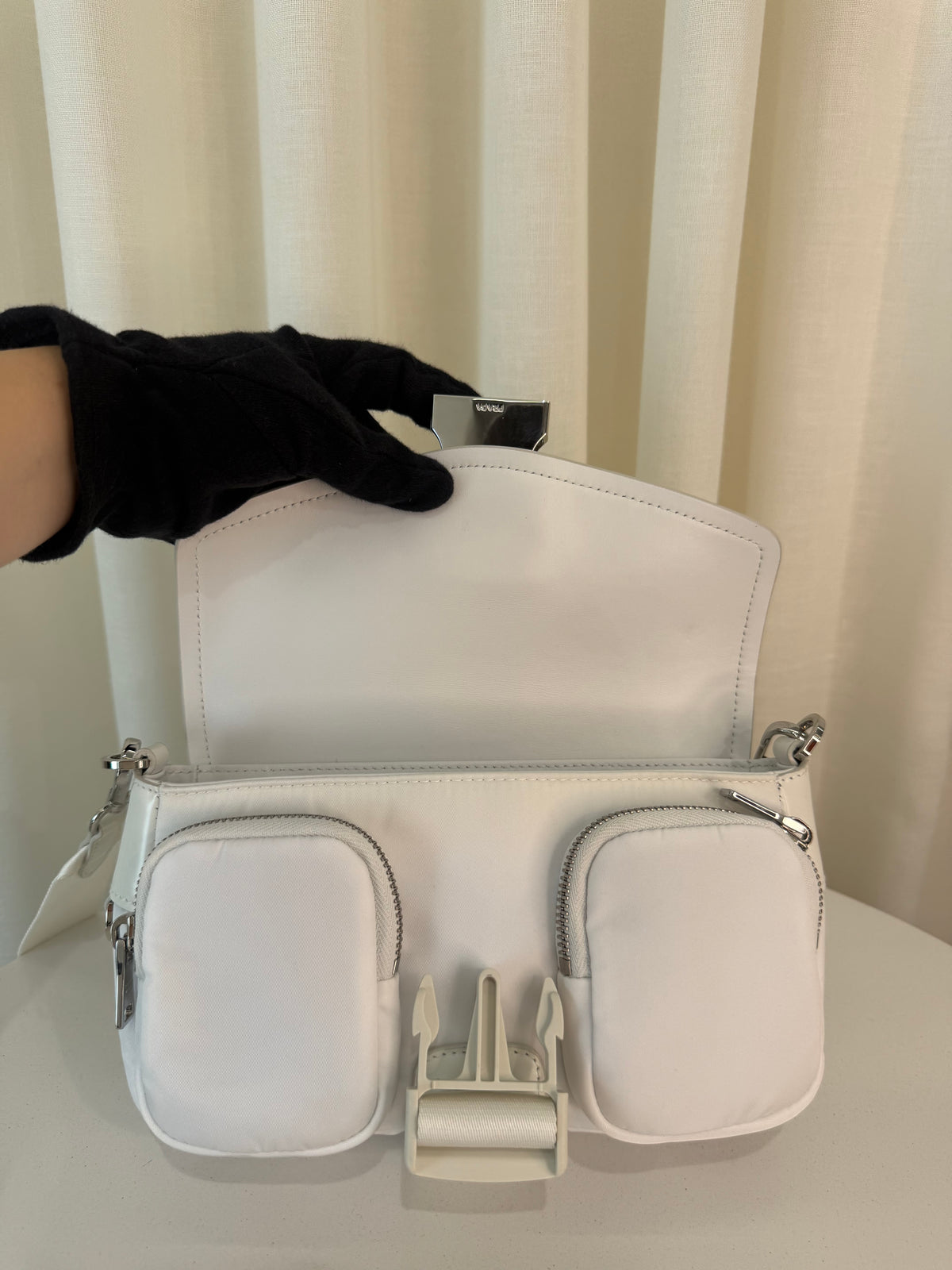 Prada Cargo Pocket Nylon/Brushed White Leather Crossbody Bag