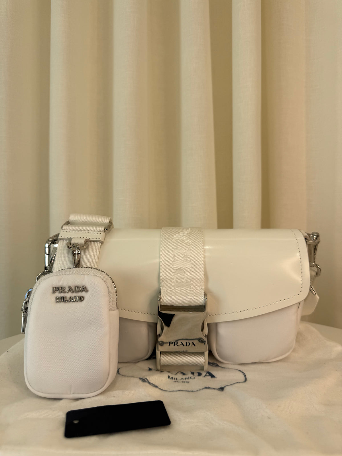 Prada Cargo Pocket Nylon/Brushed White Leather Crossbody Bag