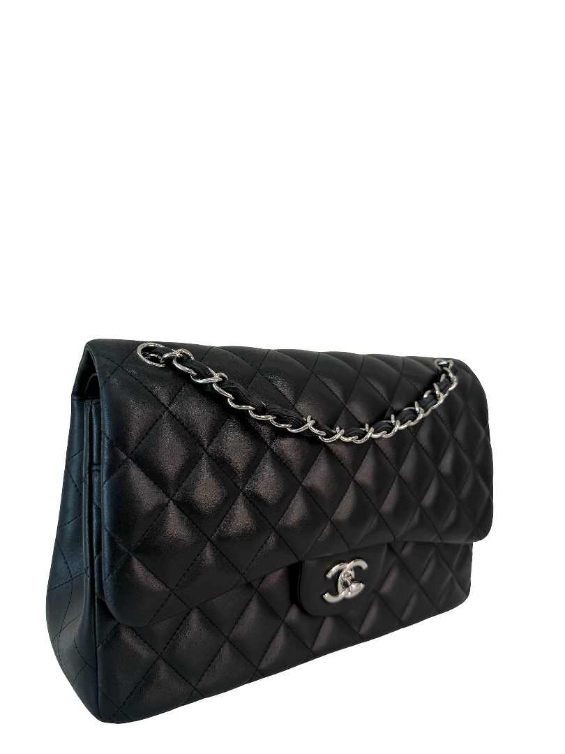 Chanel Classic Jumbo Black Quilted Lambskin Leather Double Flap Bag