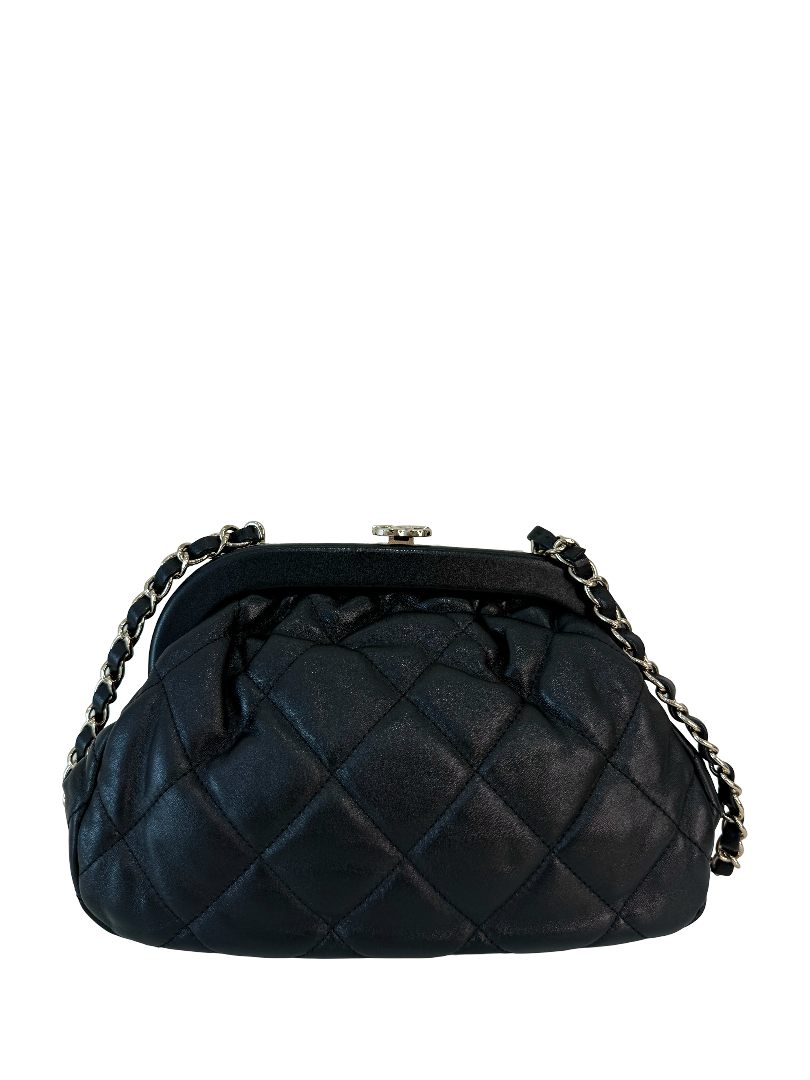 Chanel Black Lambskin Quilted CC Kisslock Clutch/Shoulder Bag