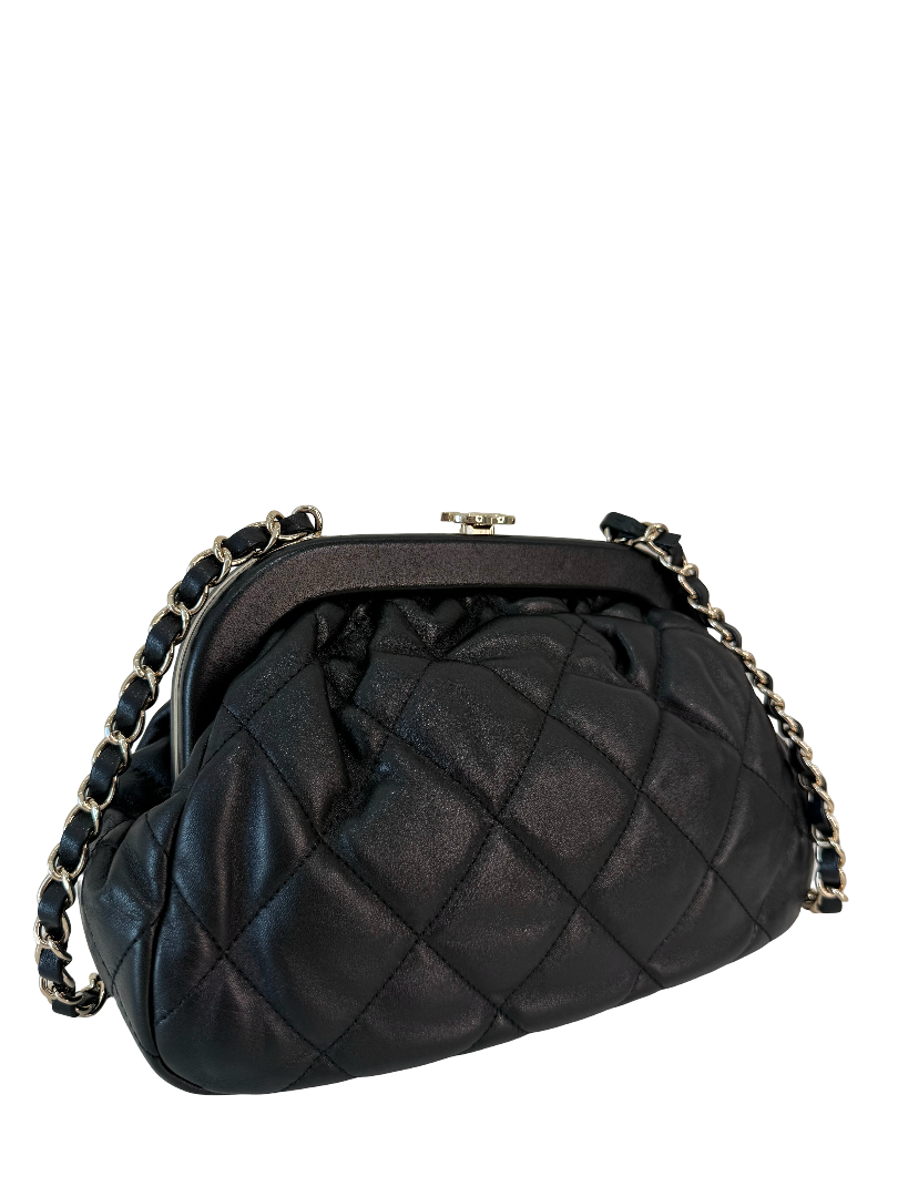 Chanel Black Lambskin Quilted CC Kisslock Clutch/Shoulder Bag