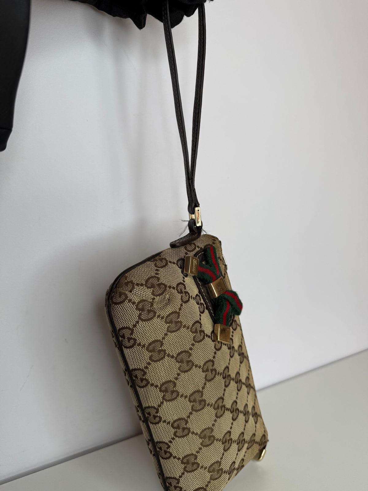 Gucci Beige/Brown GG Canvas Web Wristlet Pouch
