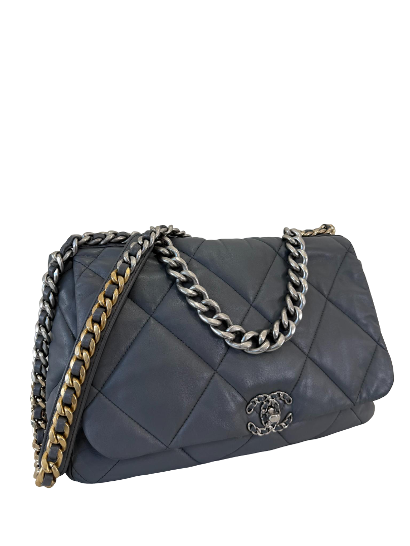 Chanel 19 Maxi Grey Leather Quilted Calfskin Flap Bag