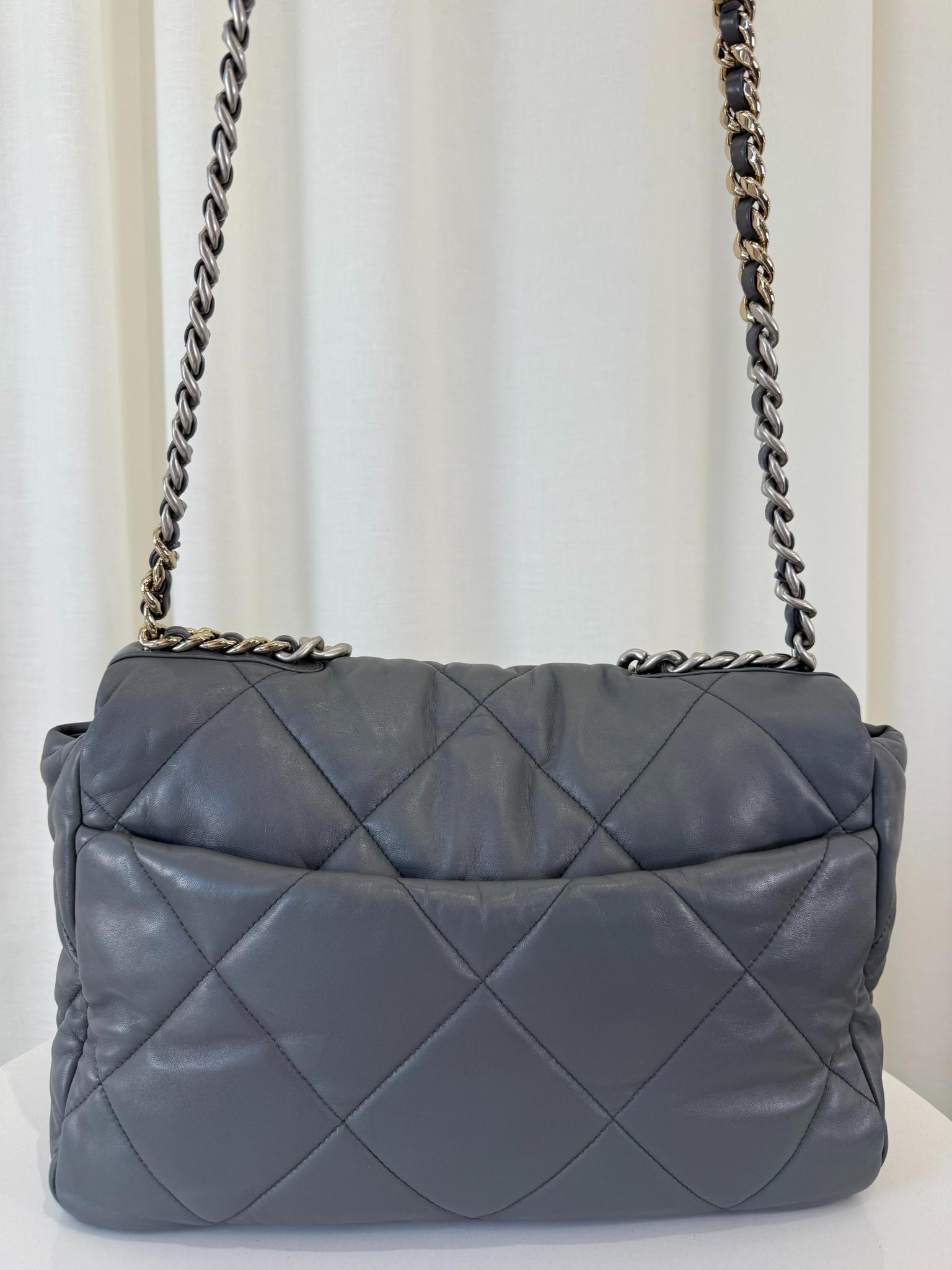 Chanel 19 Maxi Grey Leather Quilted Calfskin Flap Bag