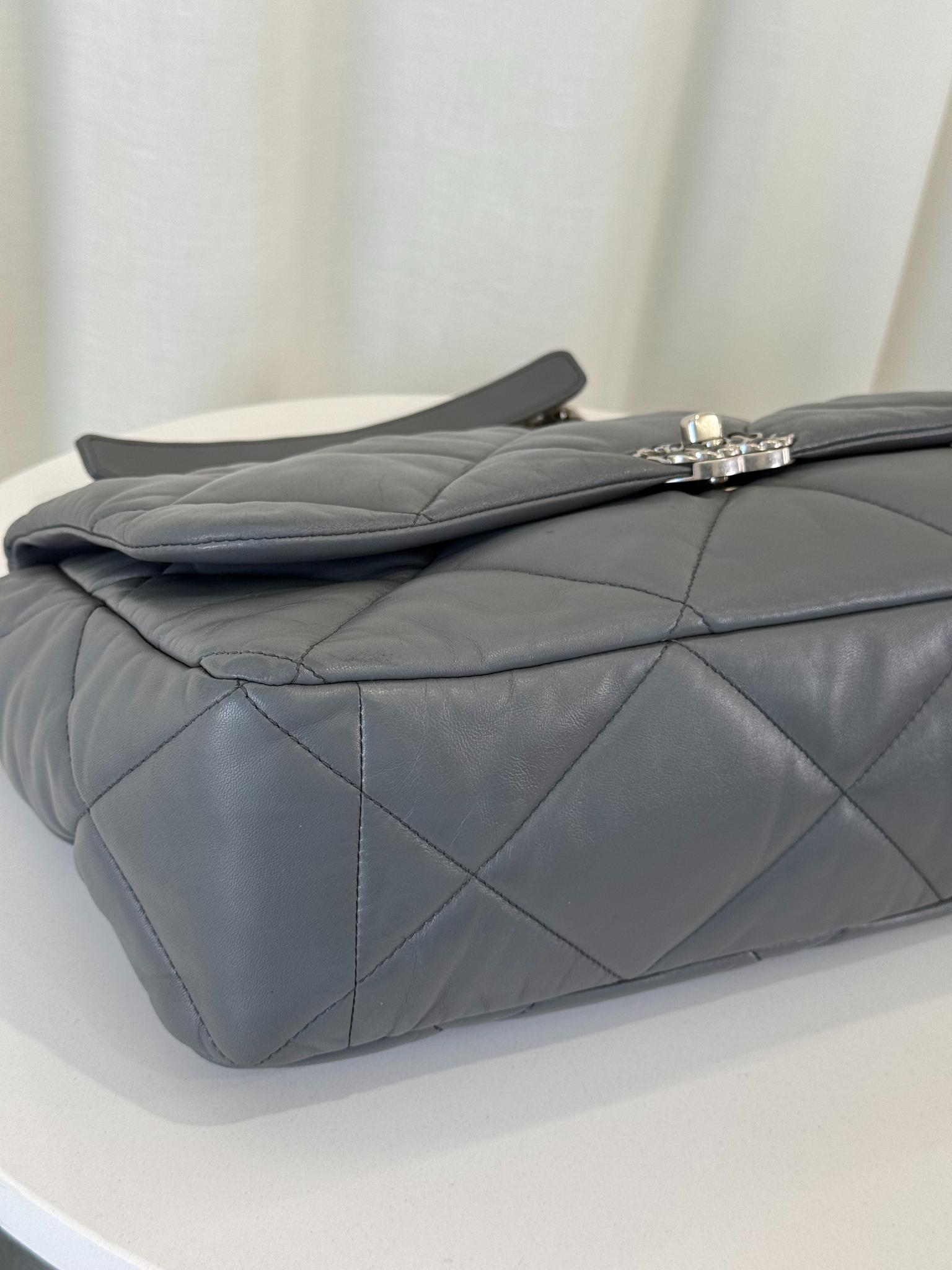 Chanel 19 Maxi Grey Leather Quilted Calfskin Flap Bag