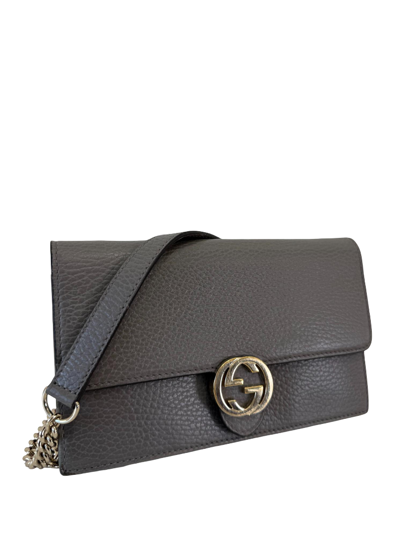 Gucci Grey Interlocking G Chain Leather Wallet on Chain