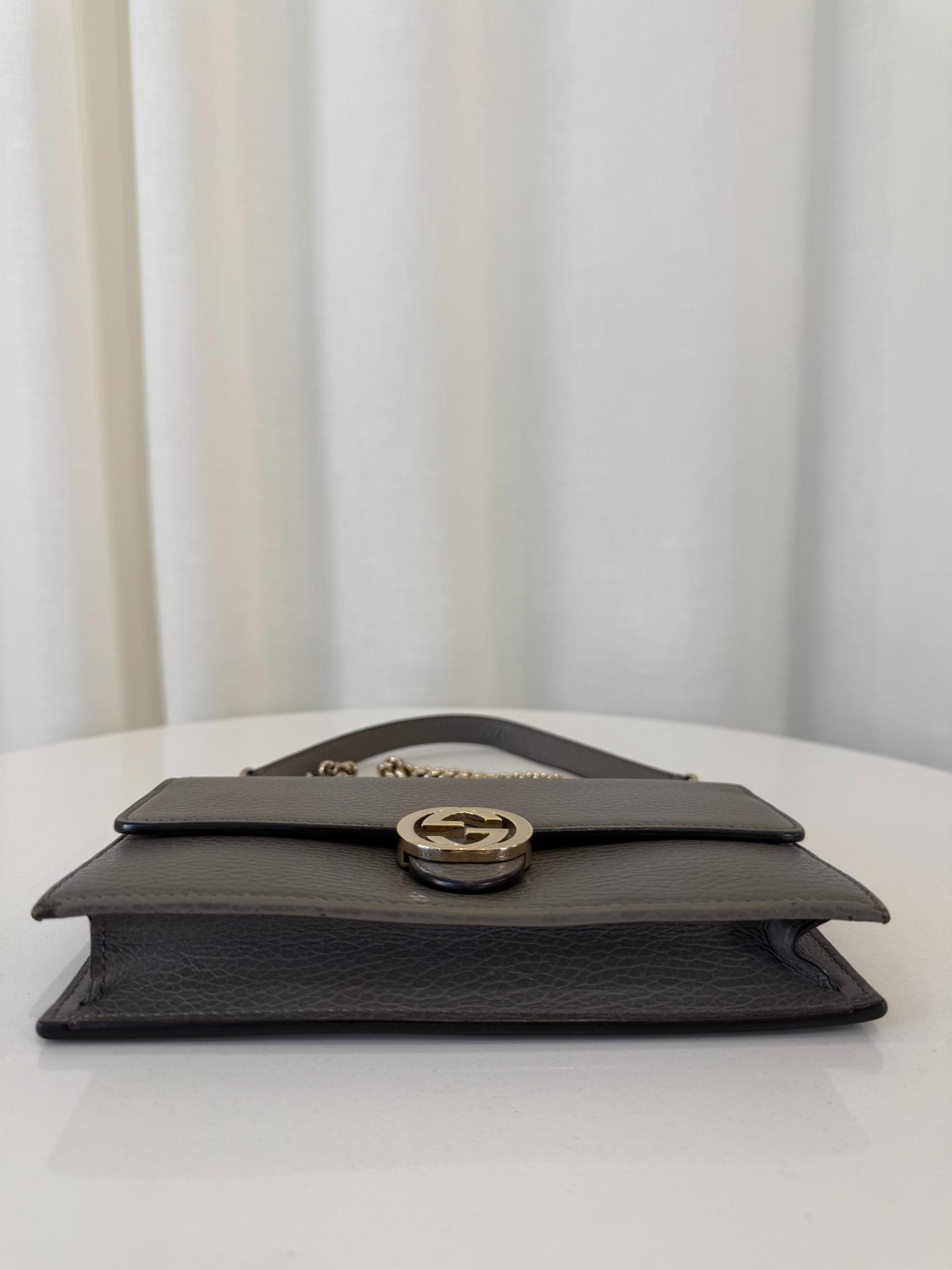 Gucci Grey Interlocking G Chain Leather Wallet on Chain