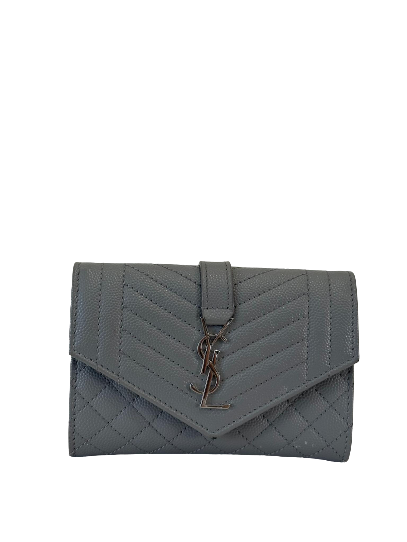 Saint Laurent Gray Quilted Grain de Poudre Small Envelope Wallet