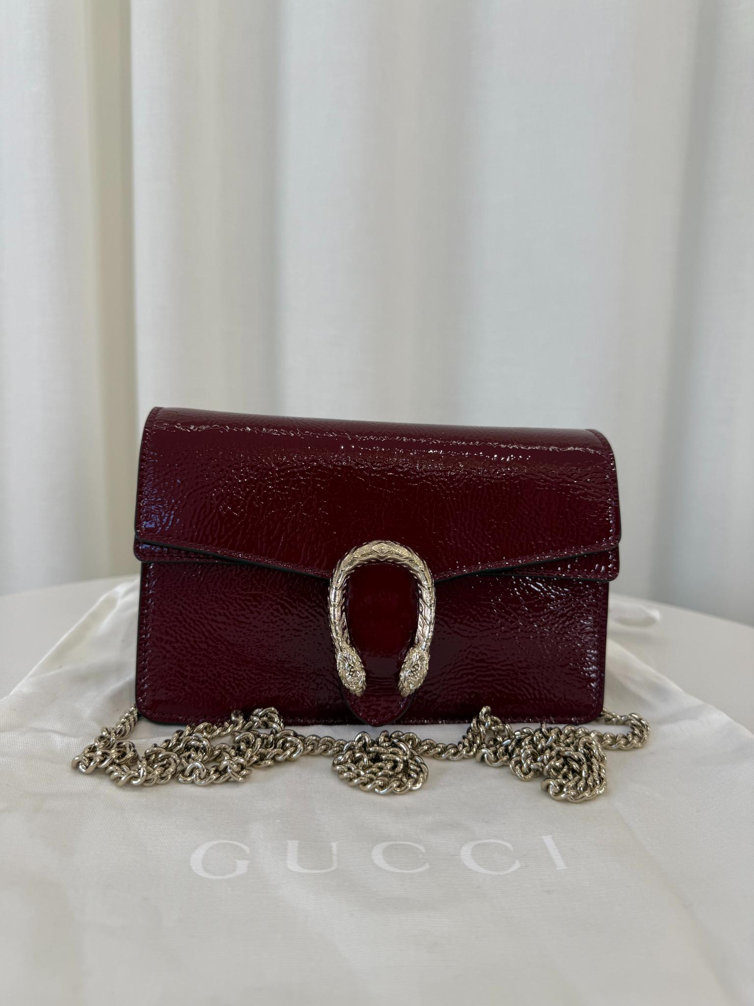 Gucci Mini Dionysus Rosso Ancora Crinkled Patent Leather Bag