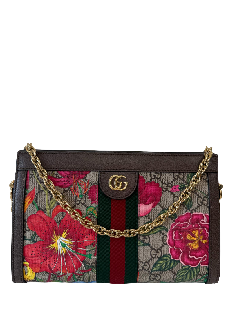 Gucci Small GG Supreme Web Ophidia Flora Chain Crossbody Bag