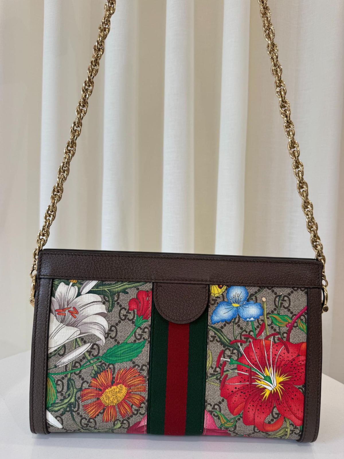 Gucci Small GG Supreme Web Ophidia Flora Chain Crossbody Bag