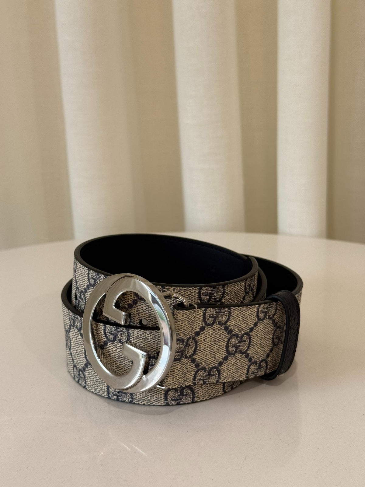 Gucci Beige/Blue GG Supreme Interlocking G Buckle Belt