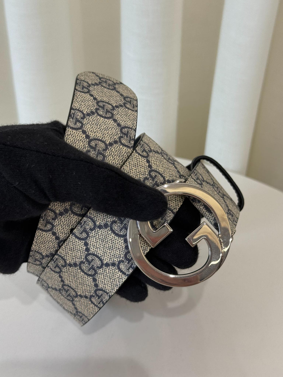 Gucci Beige/Blue GG Supreme Interlocking G Buckle Belt