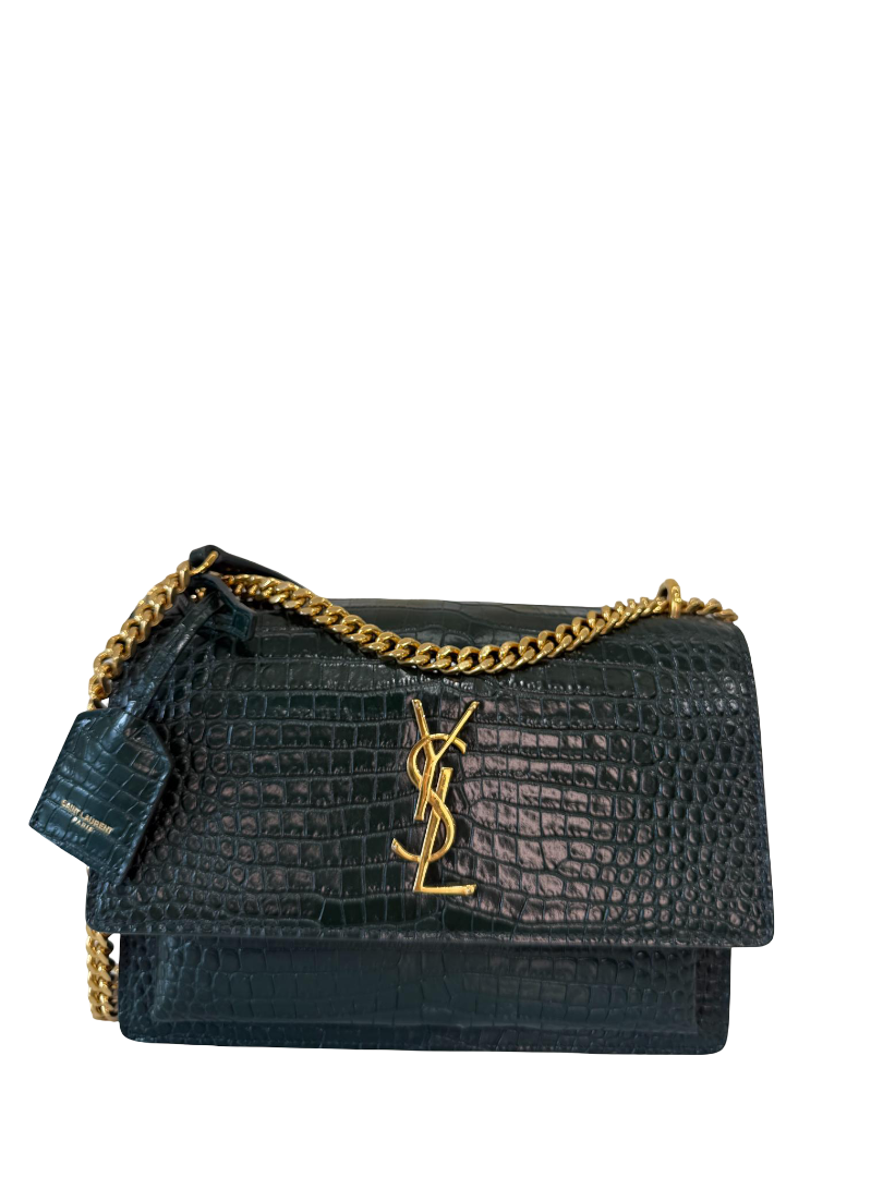 Saint Laurent Sunset Medium Dark Green Crocodile Embossed Leather